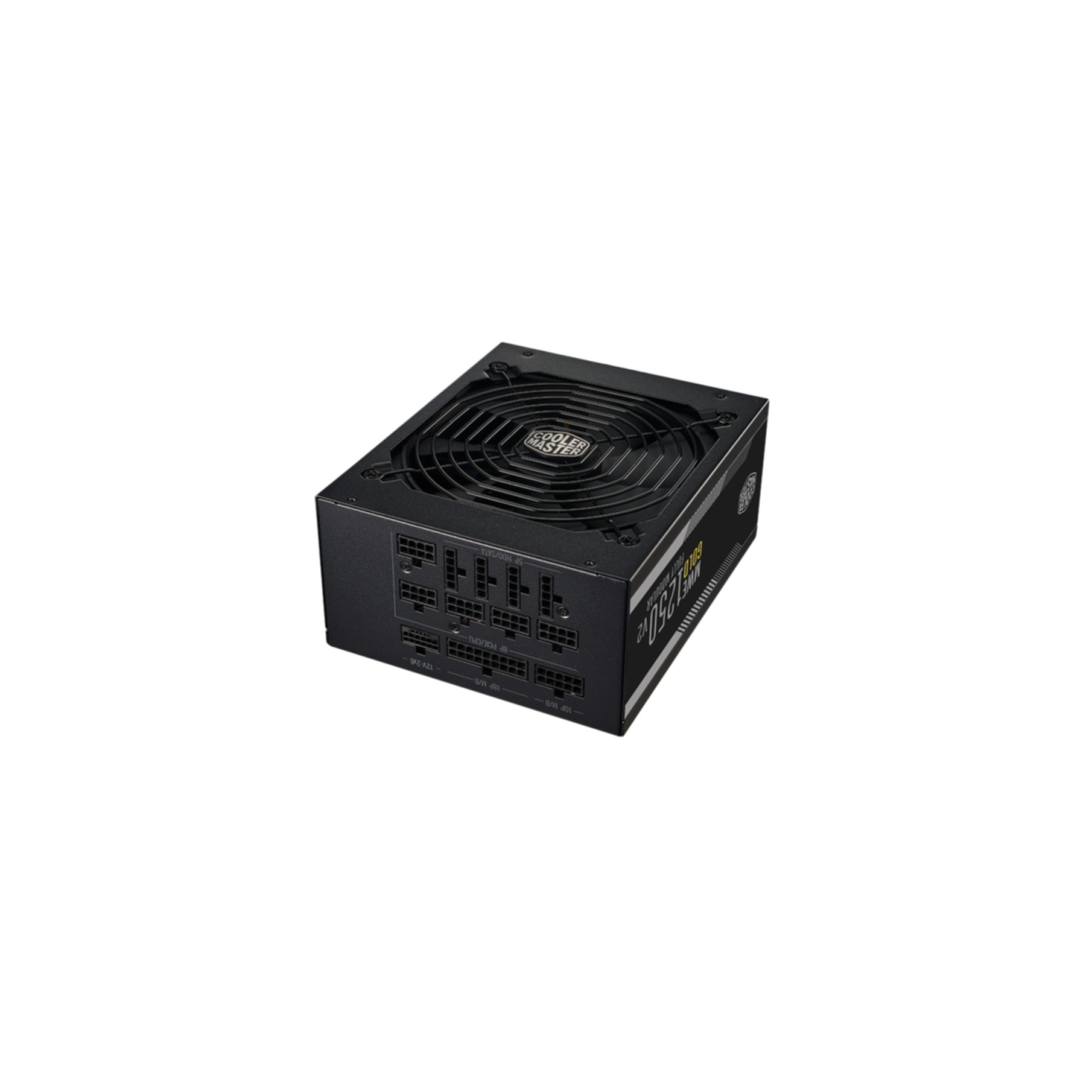 Un bloc d'alimentation noir avec un ventilateur et de multiples connecteurs. La marque est visible. Sur fond blanc.
