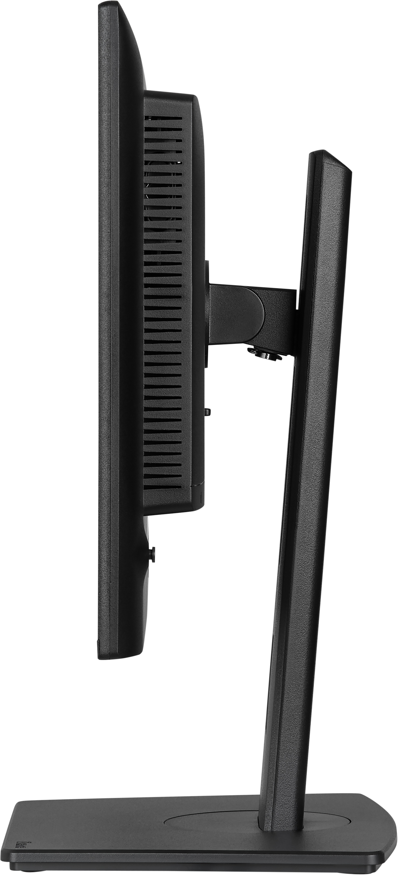 Widok z boku czarnego monitora komputera. Ma prostokątny ekran, podstawę i wspornik łączący je.