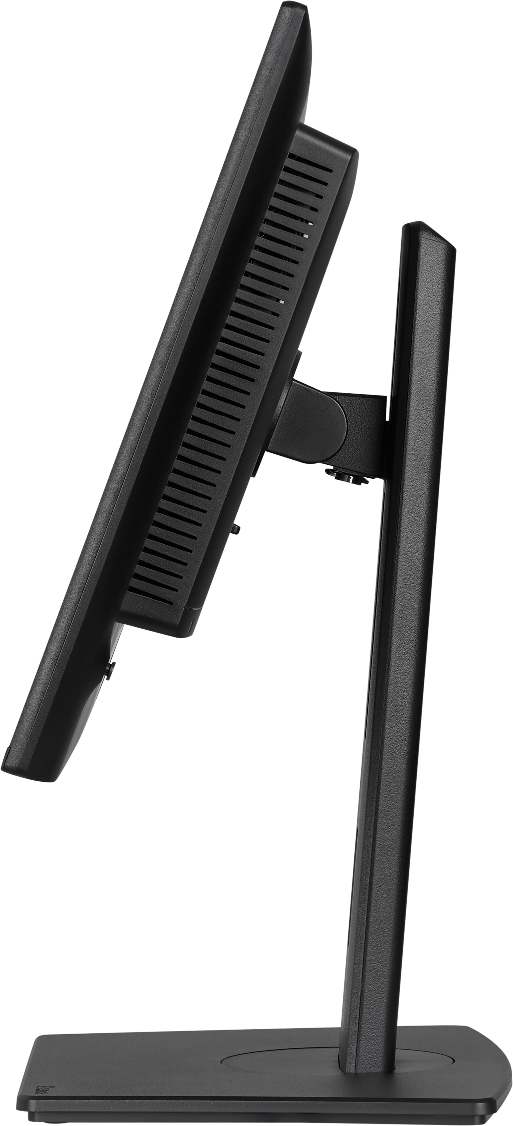 Czarny monitor komputera jest pochylony w lewo, pokazując widok z boku. Stoi na czarnej podstawie na białym tle.