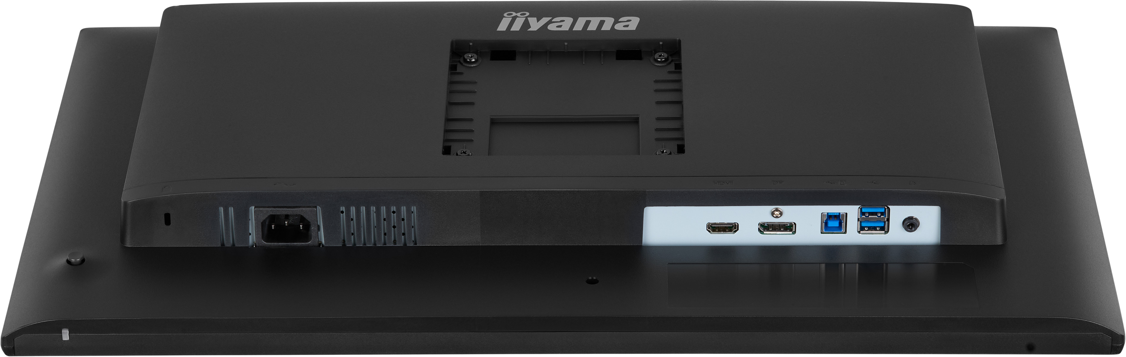 Widok z tyłu czarnego monitora. Posiada porty HDMI, USB i zasilania. Widoczna jest nazwa marki 'iiyama'.