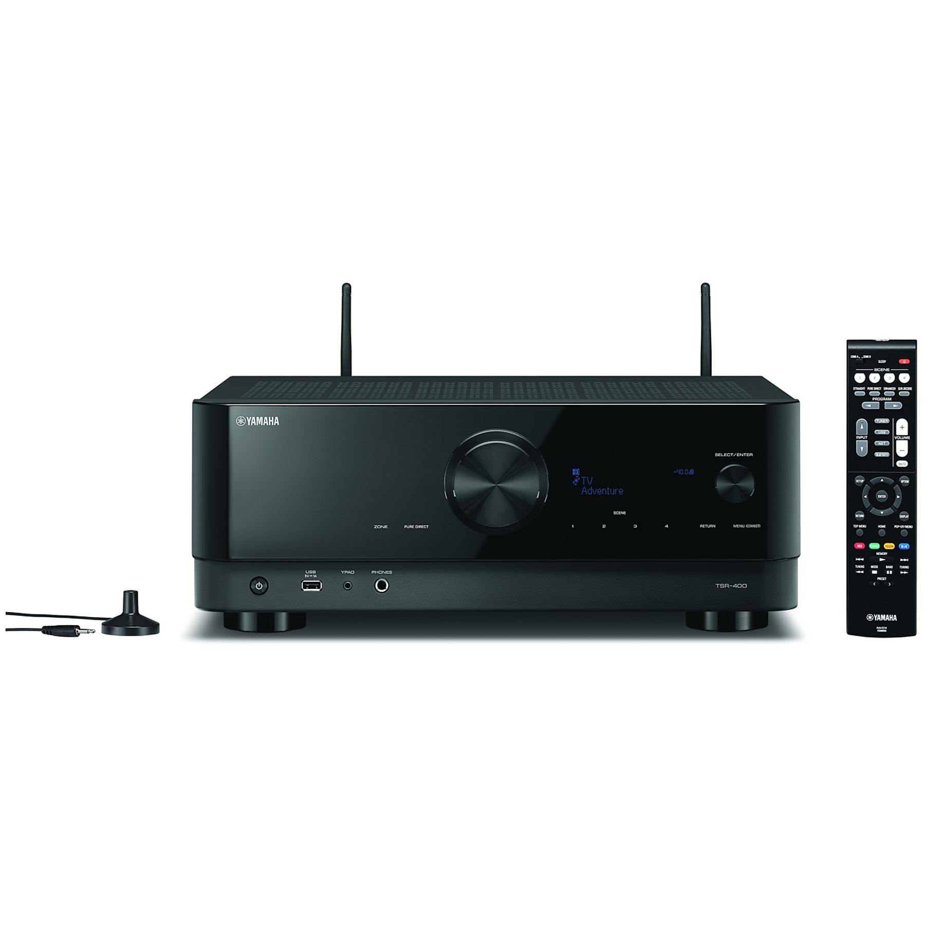 Un ricevitore Yamaha TSR-400 nero, con telecomando e antenna. Ha pulsanti, un display e porte.