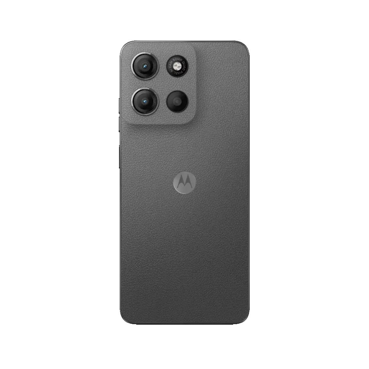 Szary smartfon Motorola z poczwórnym aparatem i logo Motorola. Telefon znajduje się na białym tle.