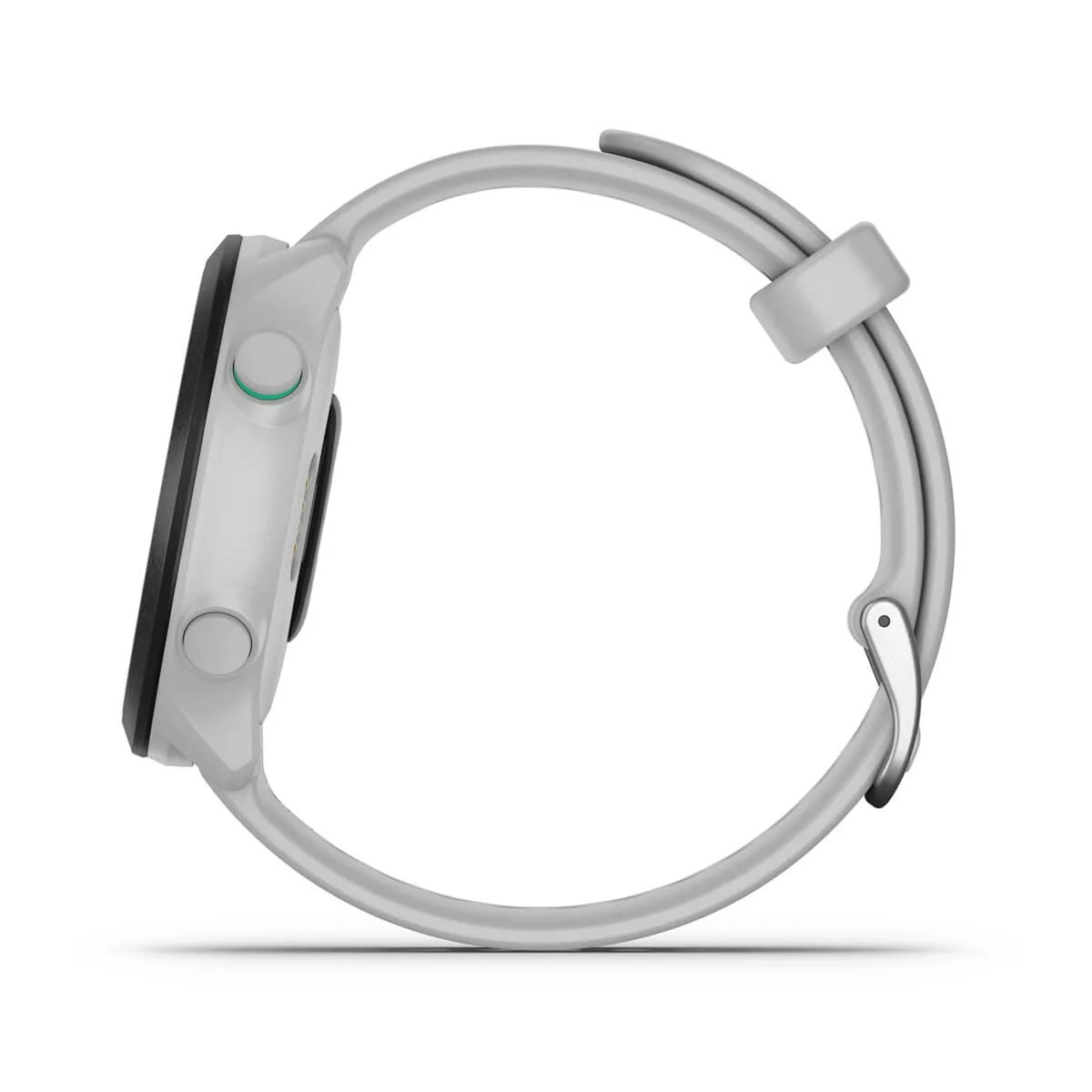 Widok z boku białego smartwatcha z szarym paskiem. Tarcza zegarka jest czarna. Pasek ma klamrę.