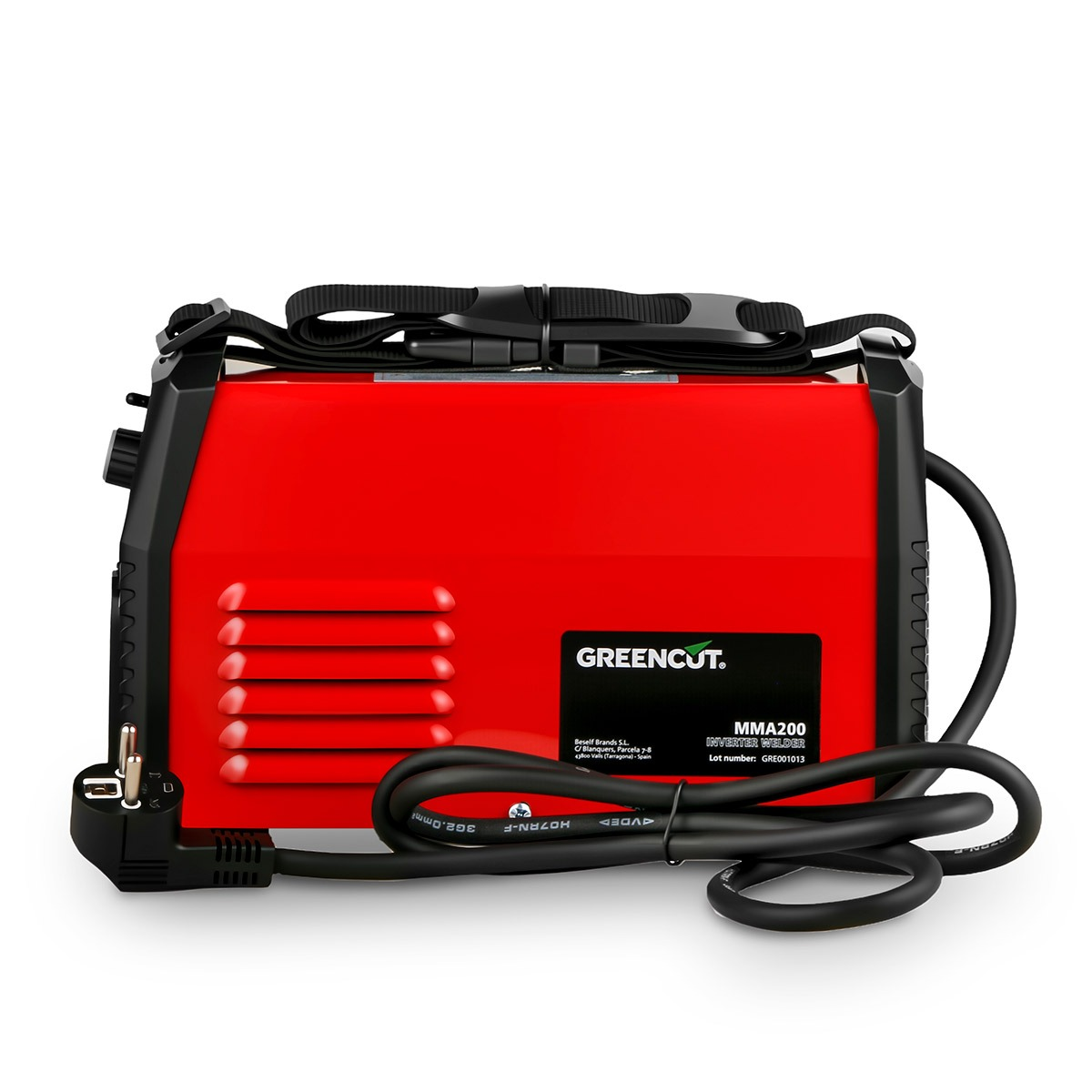 Soldadora inversora Greencut MMA200 roja y negra. Tiene correa de transporte, cable de alimentación y ranuras de ventilación. Logotipo de la marca.