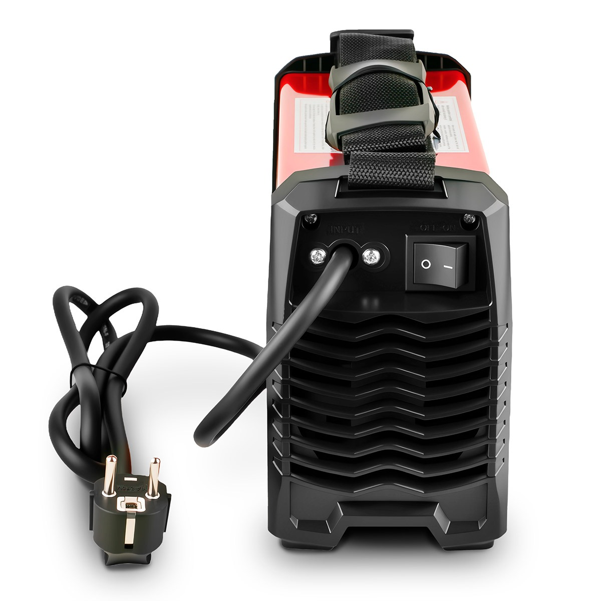 Máquina de soldar negra y roja. Cable de alimentación con enchufe a la izquierda. Interruptor de encendido/apagado en el panel frontal.