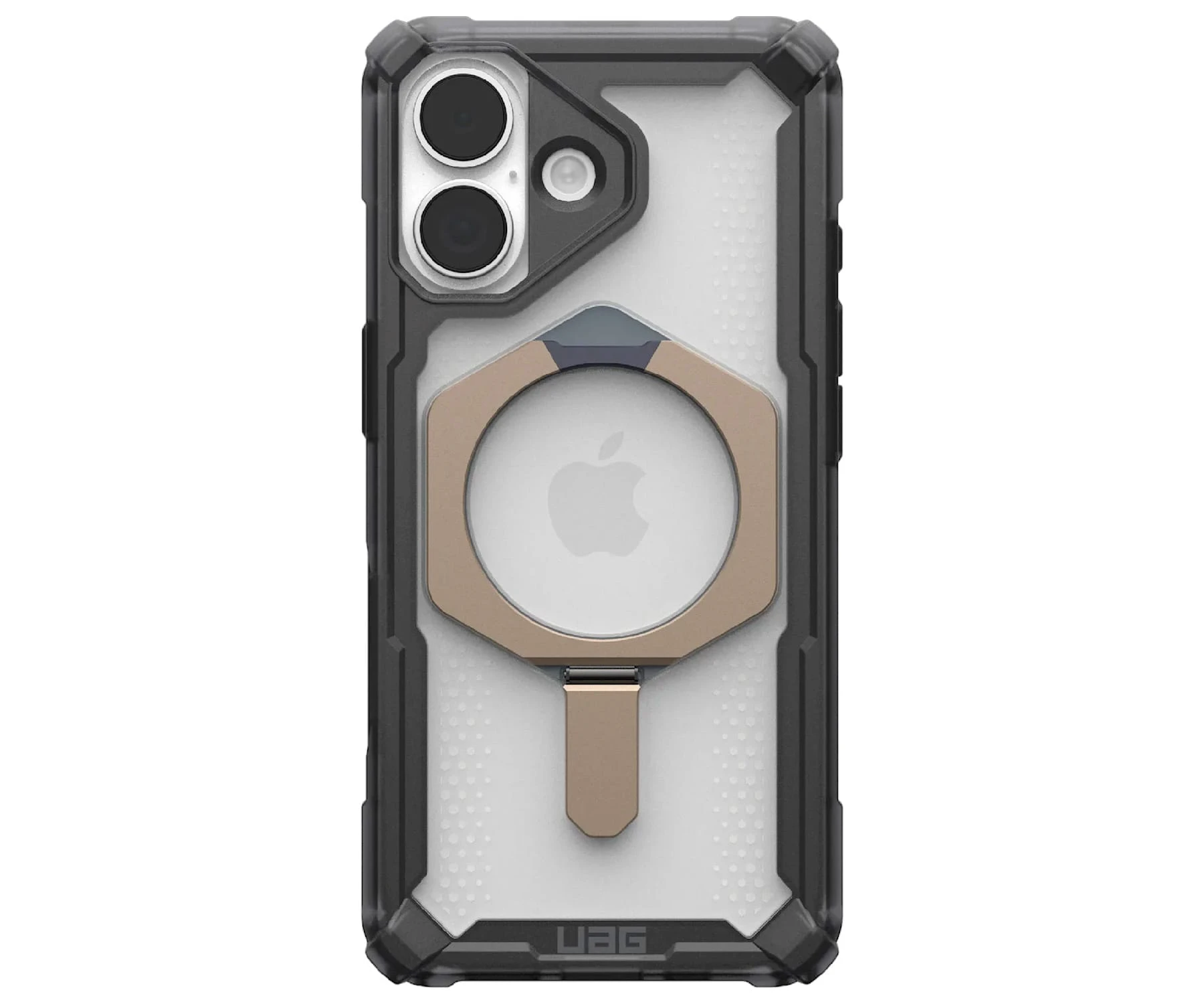 Una custodia per telefono con ritaglio per fotocamera, supporto ad anello e logo Apple visibile. La custodia è nera e trasparente.