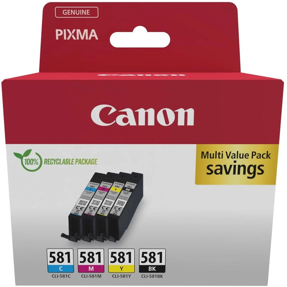 Pudełko z wkładami atramentowymi Canon PIXMA. Pokazuje cztery wkłady atramentowe w kolorach cyjan, magenta, żółty i czarny. Napis 'Multi Value Pack savings'.