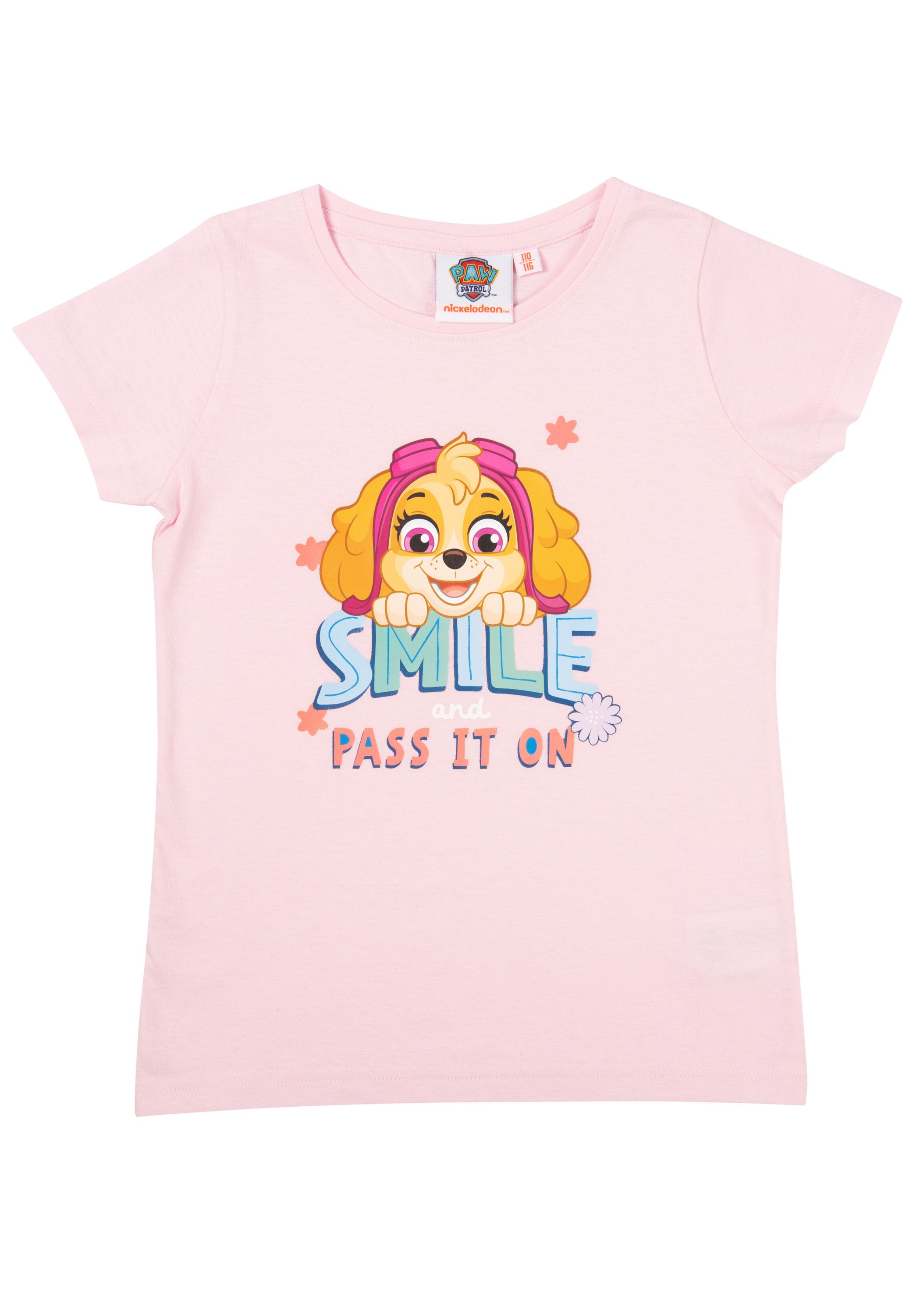 Rosa T-Shirt mit Paw Patrol Skye-Grafik und den Worten 'SMILE PASS IT ON'.