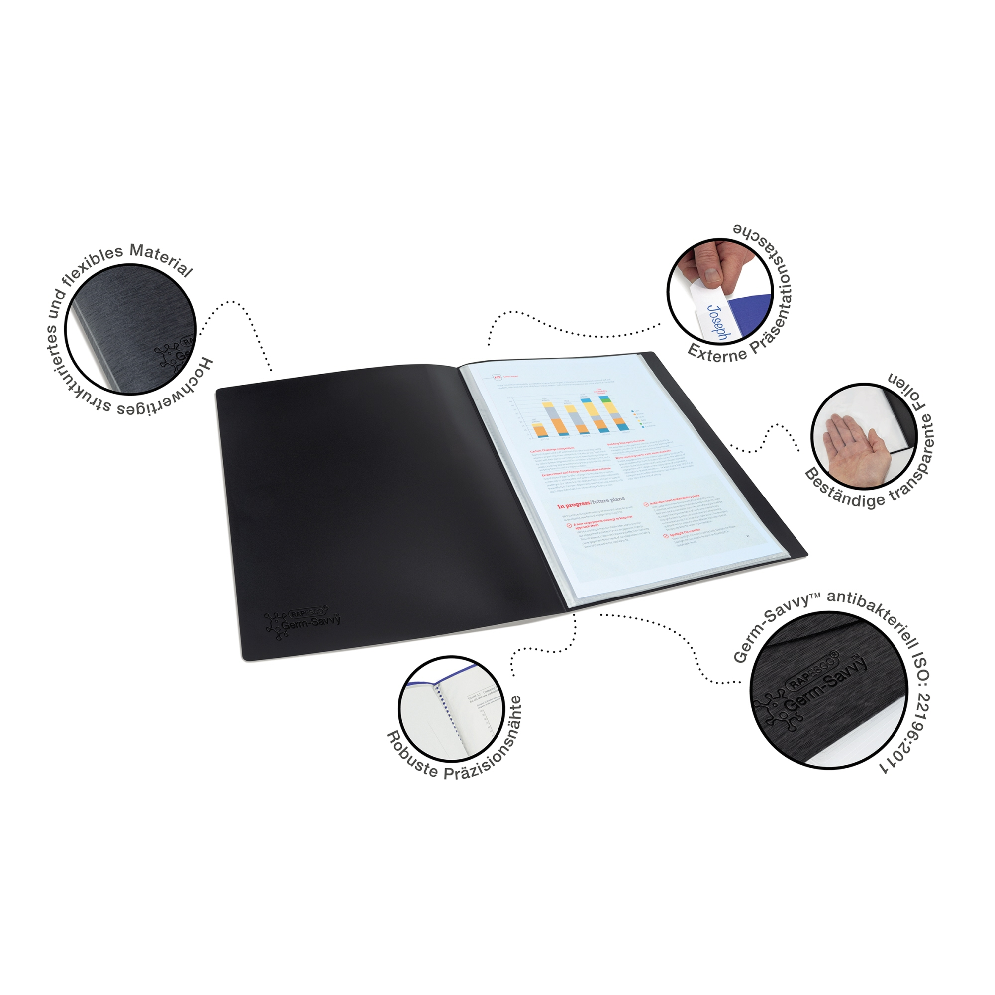 Czarny folder prezentacyjny otwarty, pokazujący dokumenty. Adnotacje wskazują na cechy, takie jak materiał, kieszeń i właściwości antybakteryjne.