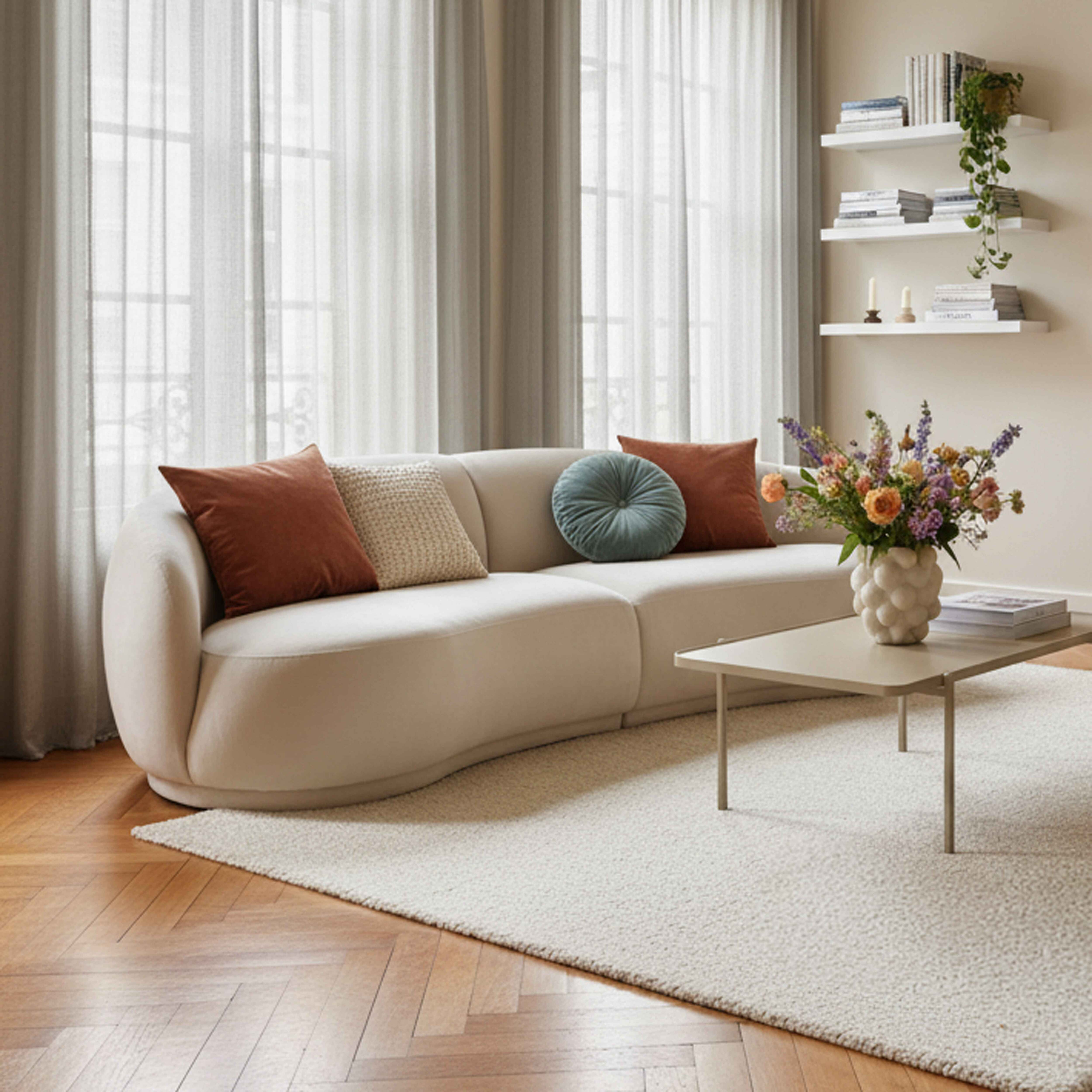 Cremefarbenes, geschwungenes Sofa mit Kissen, Couchtisch, Teppich, Vorhängen und Regalen mit Büchern und Pflanzen.