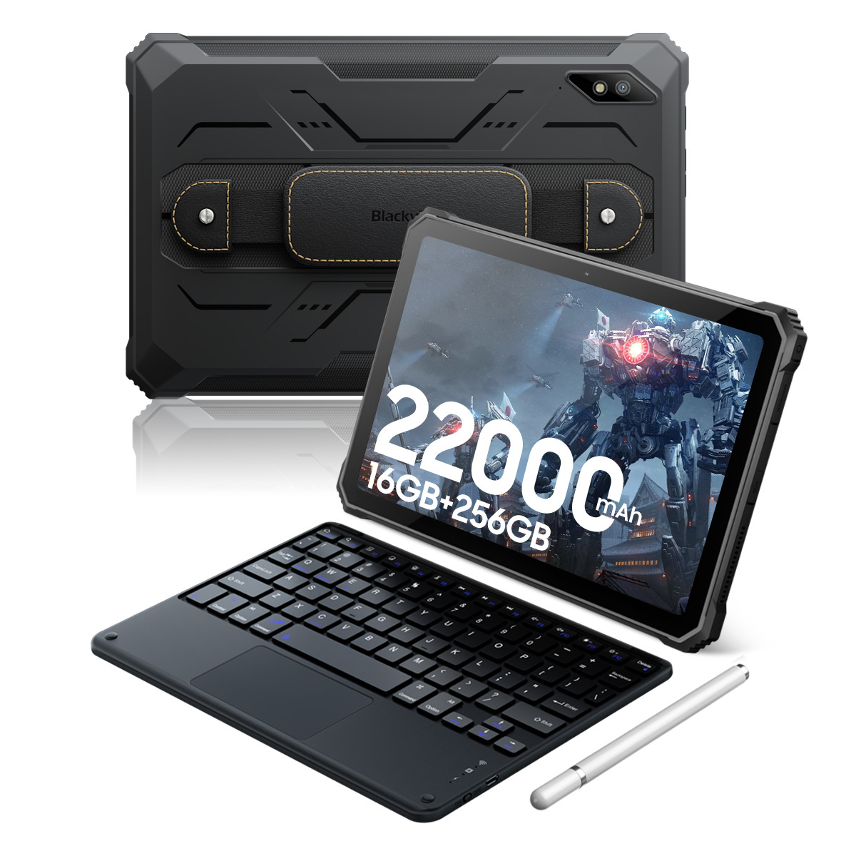 Een zwarte tablet met toetsenbord en stylus, met een gigantische robot op het scherm. Een beschermhoes is zichtbaar achter.