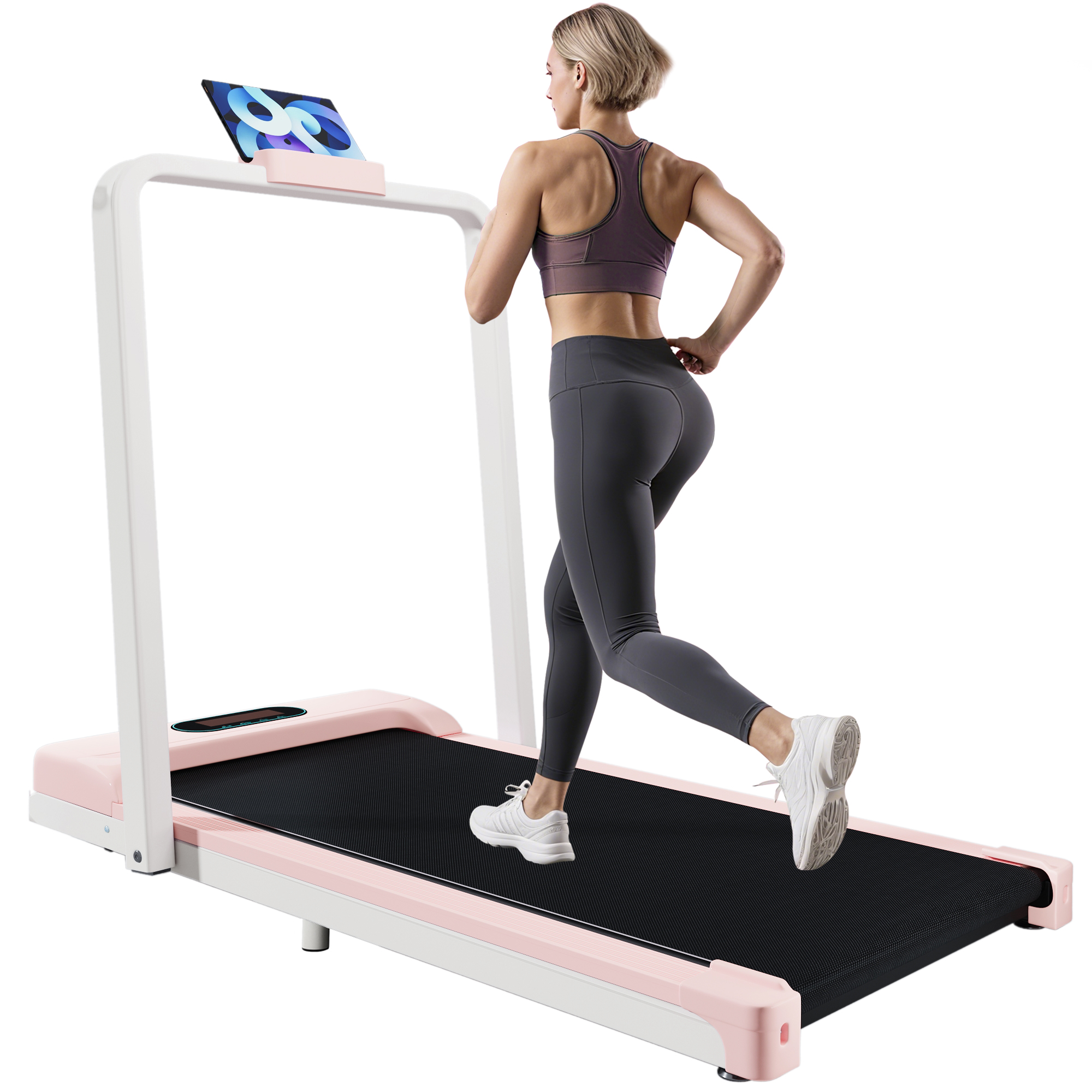 Frau läuft auf einem rosa Laufband mit Tablet. Sie trägt graue Leggings, lila Top und weiße Schuhe.