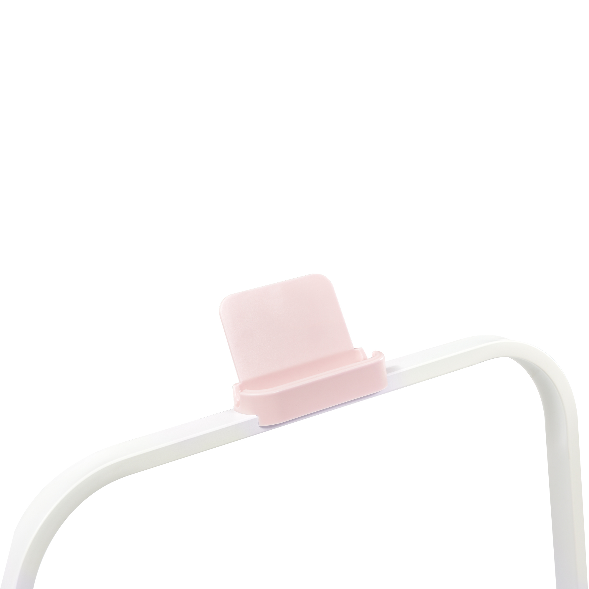 Ein rosa Telefonständer auf einer weißen, gebogenen Metallstange. Der Hintergrund ist weiß.