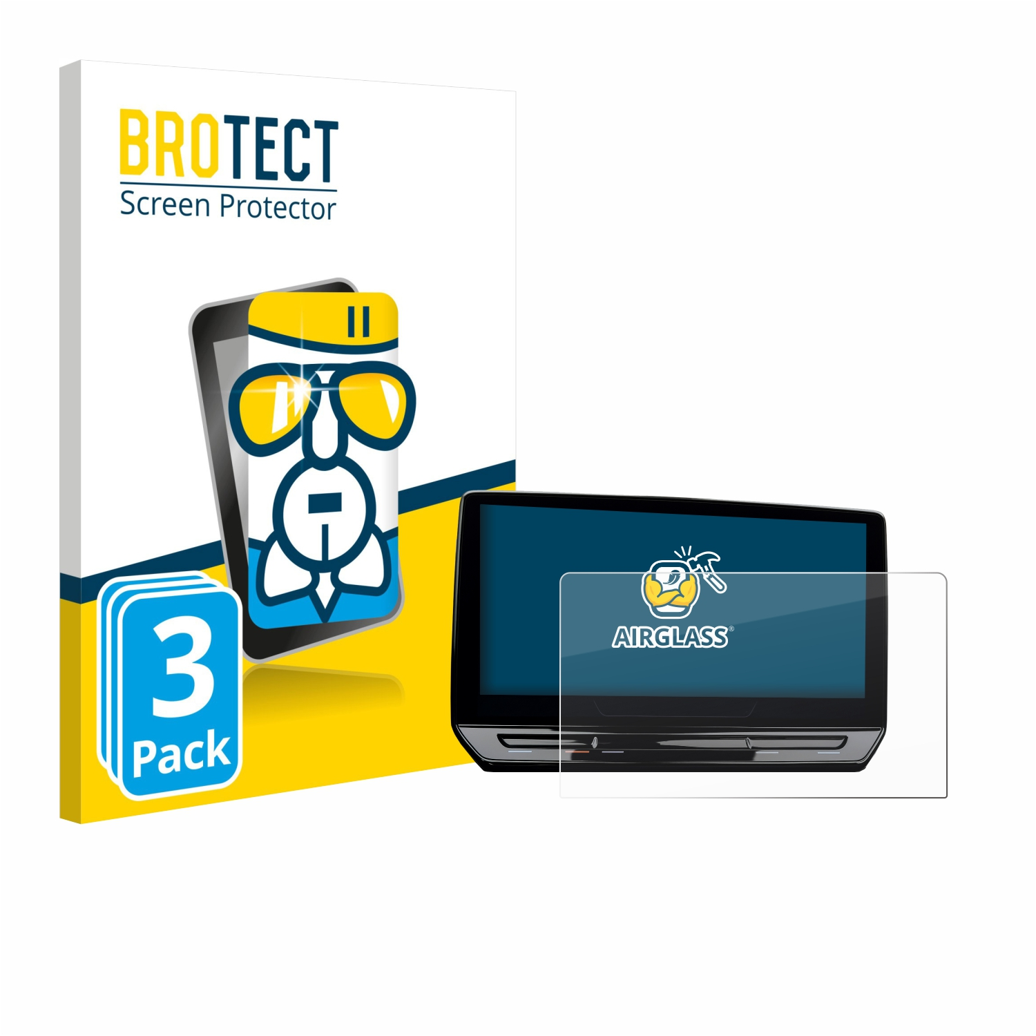 Eine Displayschutzfolienbox mit Smartphone-Illustration, Laptop und Displayschutzfolie. Auf der Box steht 'BROTECT Screen Protector'.