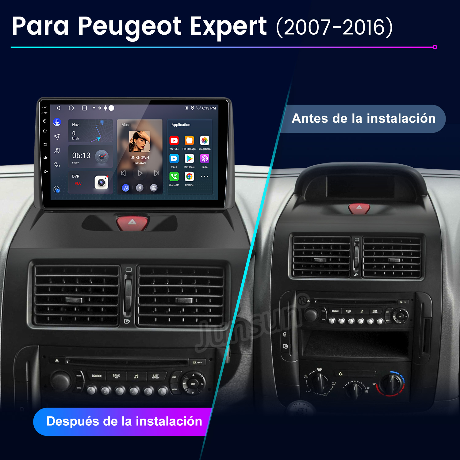 Imagen muestra comparación antes/después de un salpicadero. Izquierda: Pantalla nueva. Derecha: Radio antigua. Texto: Para Peugeot Expert (2007-2016).