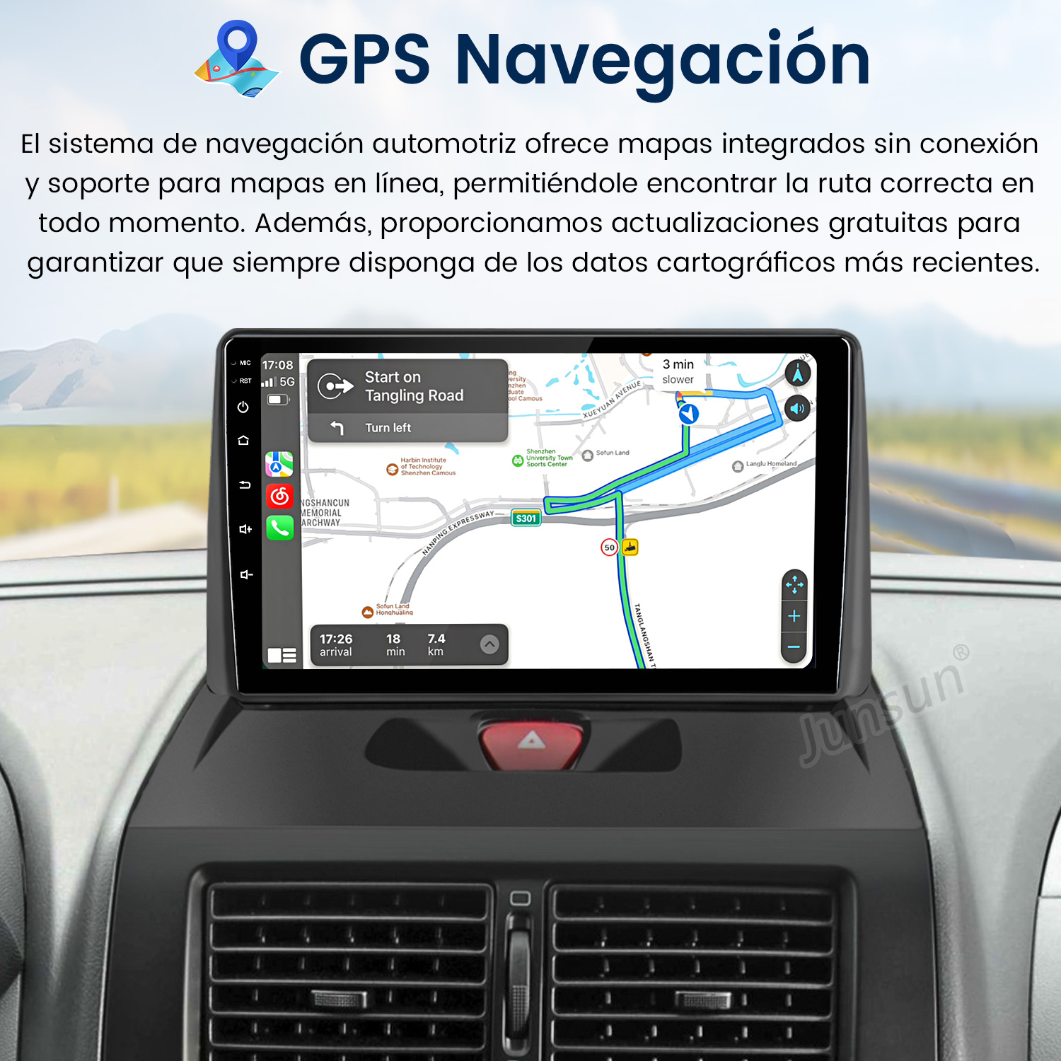 Sistema de navegación del coche que muestra un mapa con indicaciones de ruta y una instrucción de giro. El salpicadero es visible.