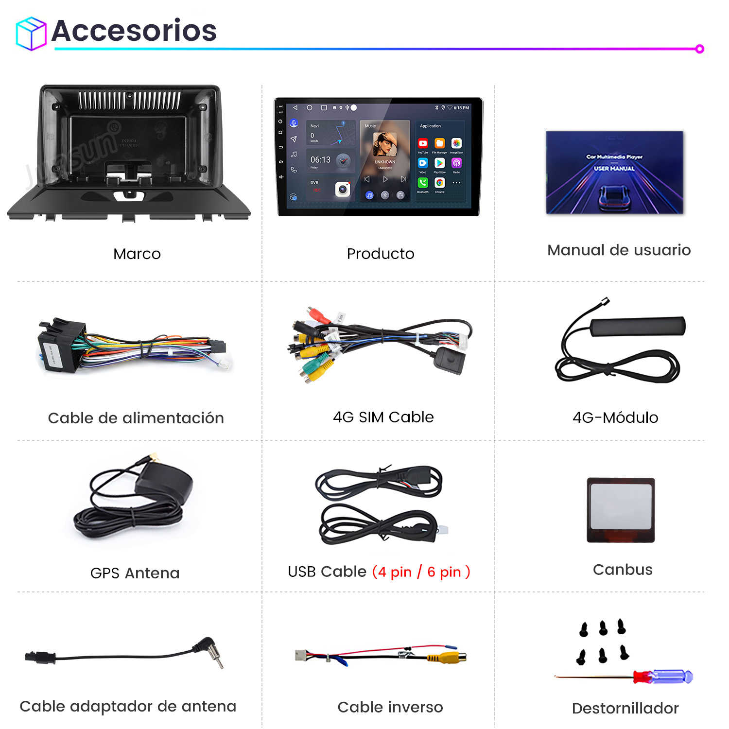 La imagen muestra accesorios para automóviles: un marco, una pantalla del producto, un manual de usuario, cables, una antena y un destornillador.
