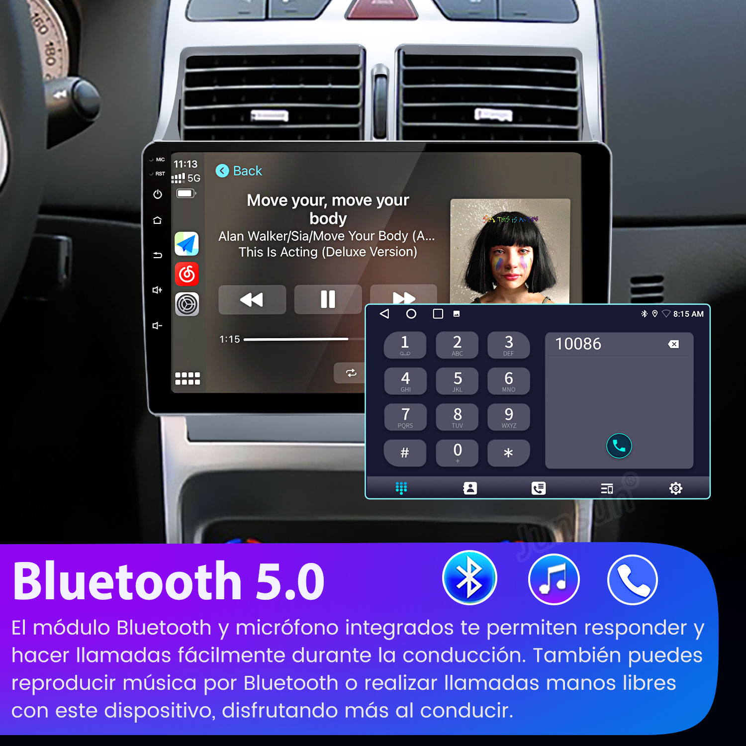 El sistema de infoentretenimiento del coche muestra música y un teclado telefónico. La función Bluetooth 5.0 se destaca con iconos y texto.