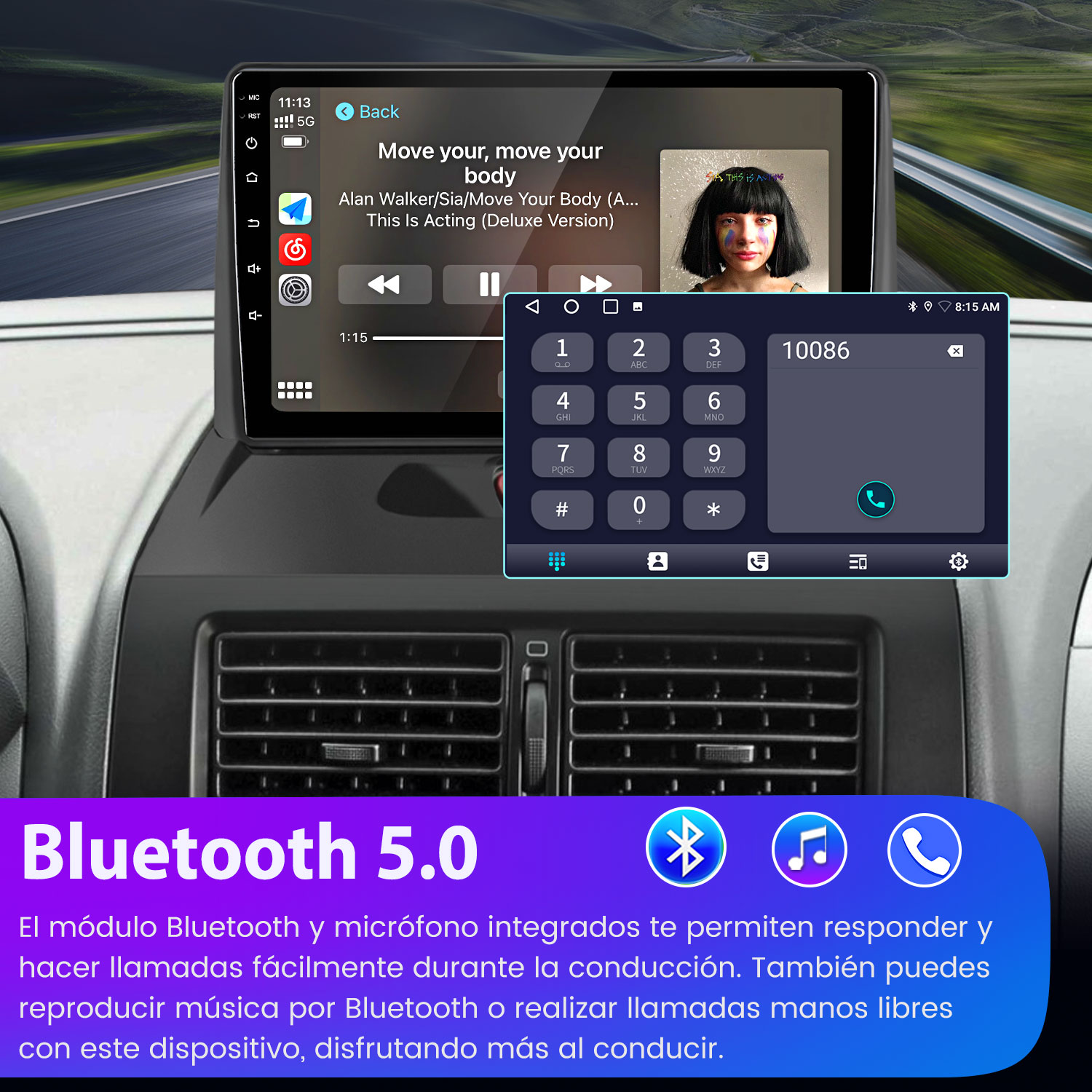 Autoradio con música y un marcador telefónico en pantalla. Texto Bluetooth 5.0 al frente.