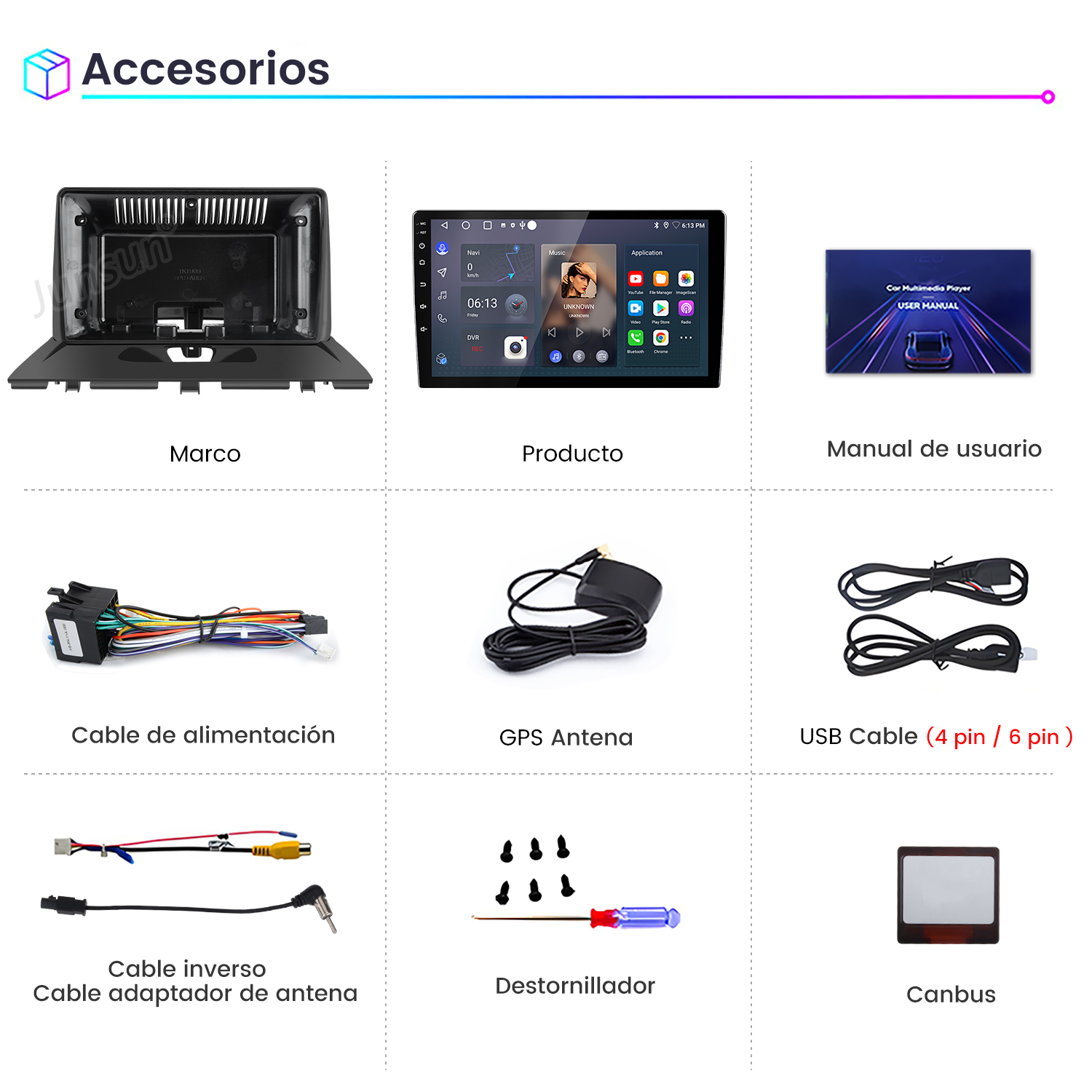 La imagen muestra accesorios para automóviles, incluyendo pantalla de radio, cables, antena GPS, destornillador y manual de usuario.