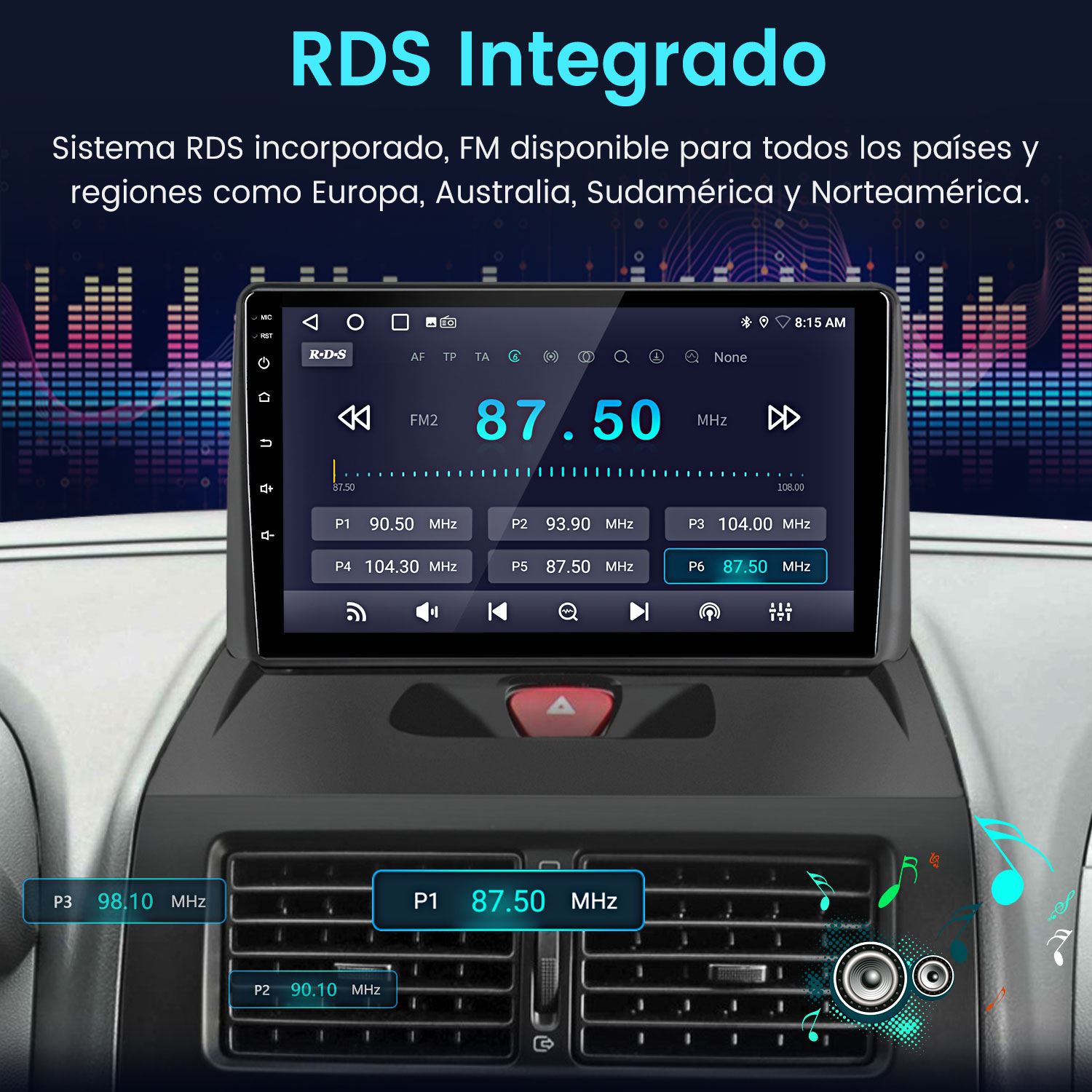 Pantalla de radio de coche que muestra la frecuencia FM 87.50 MHz. La pantalla está en el salpicadero de un coche. Arriba está el texto RDS Integrado.