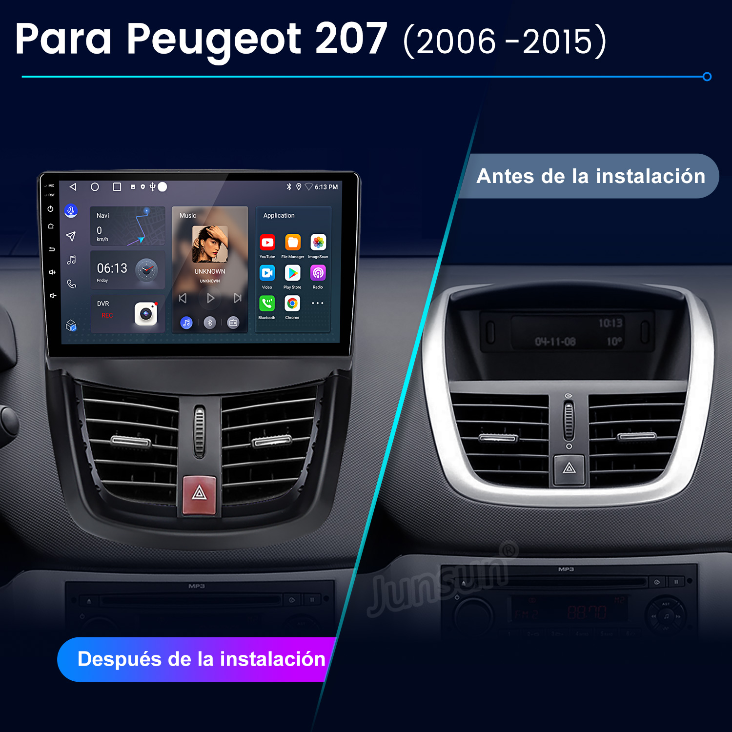 La imagen muestra modificaciones en el salpicadero del coche. A la izquierda, una nueva pantalla instalada. A la derecha, el sistema de radio original.