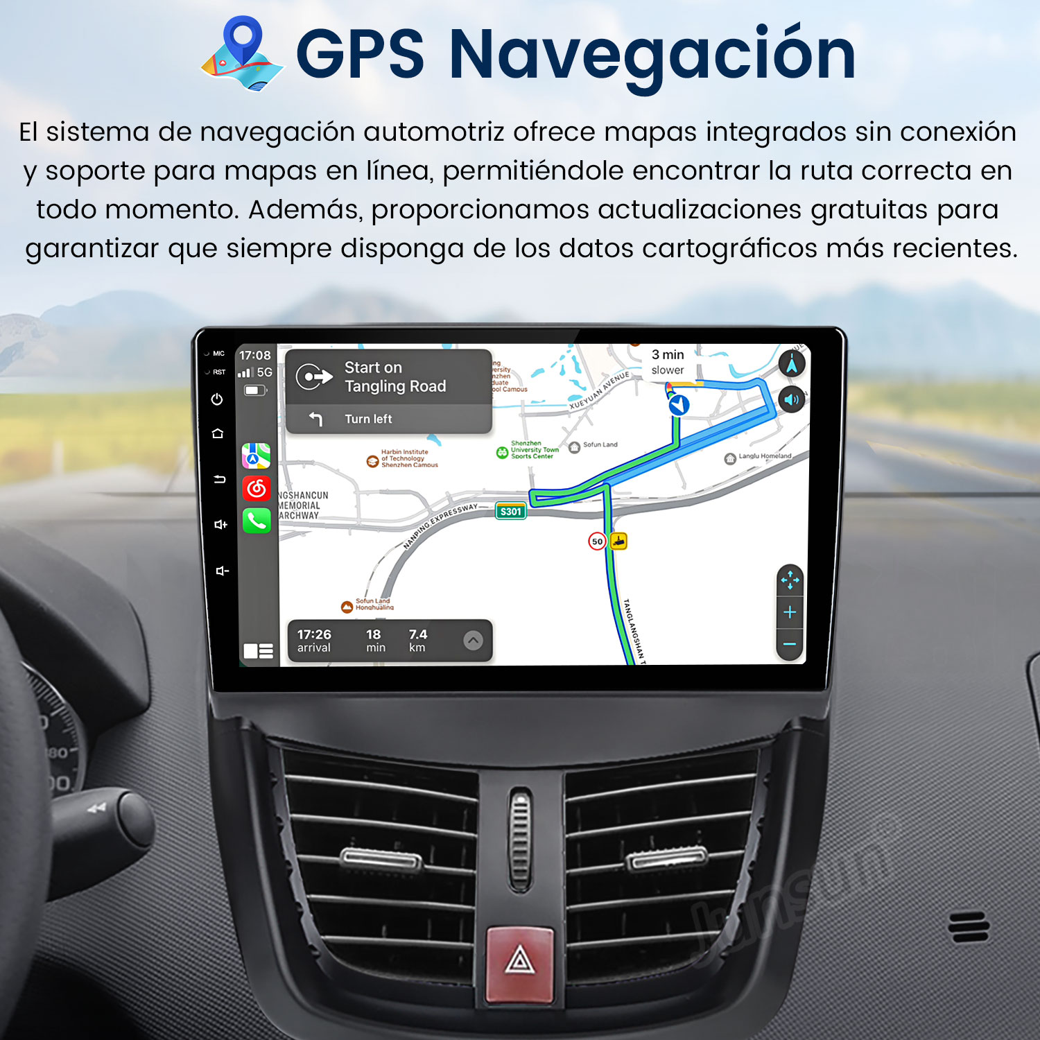 Panel del coche con GPS que muestra mapa, indicaciones y botones de control.