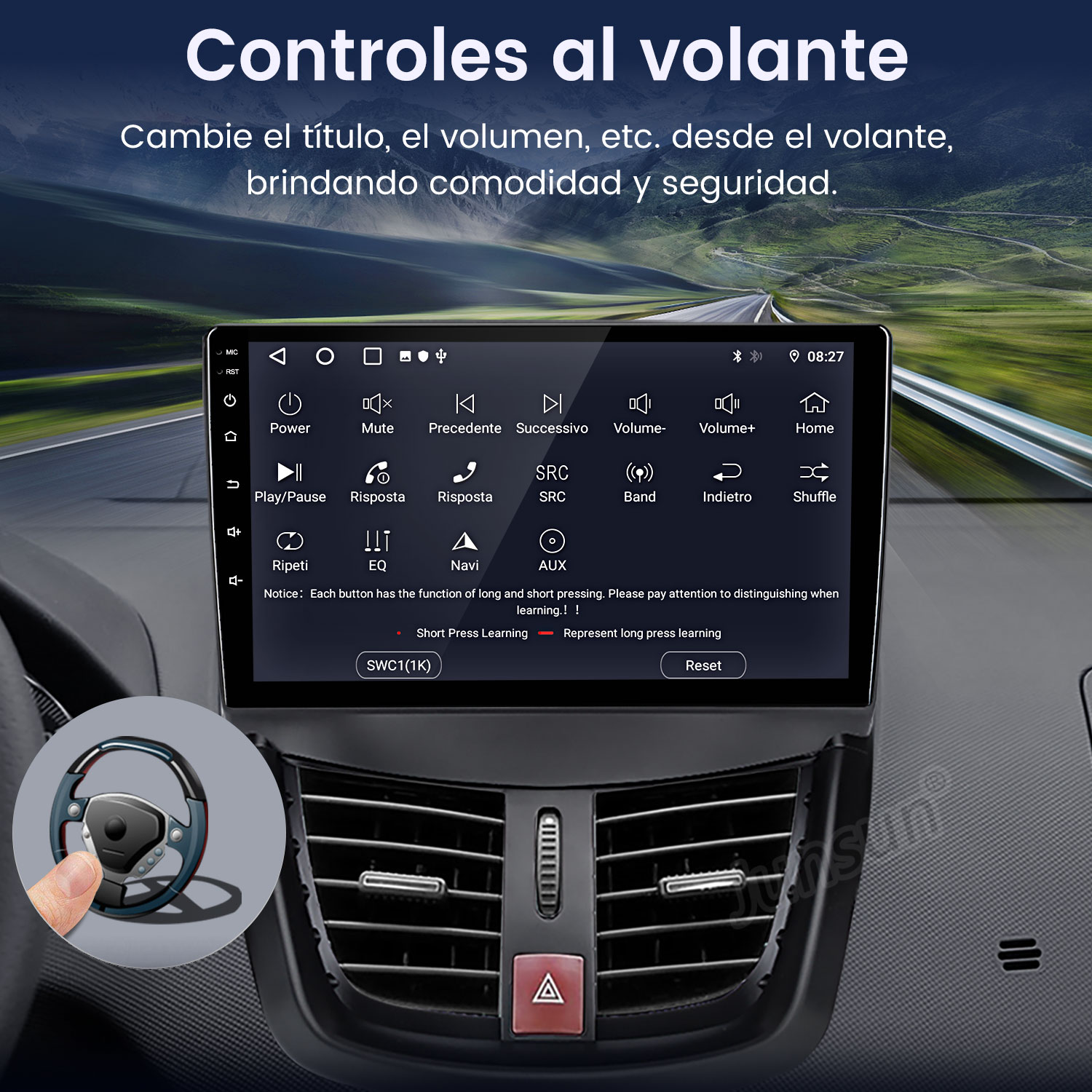 Panel de control del coche con pantalla táctil, mostrando opciones como volumen y navegación. Una mano señala un icono de volante.
