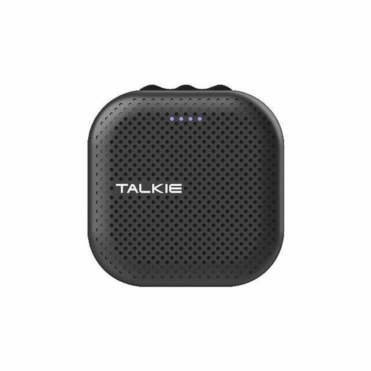 Ein schwarzes, quadratisches Talkie-Gerät mit der Aufschrift 'TALKIE'. Es hat eine perforierte Oberfläche und vier Kontrollleuchten.