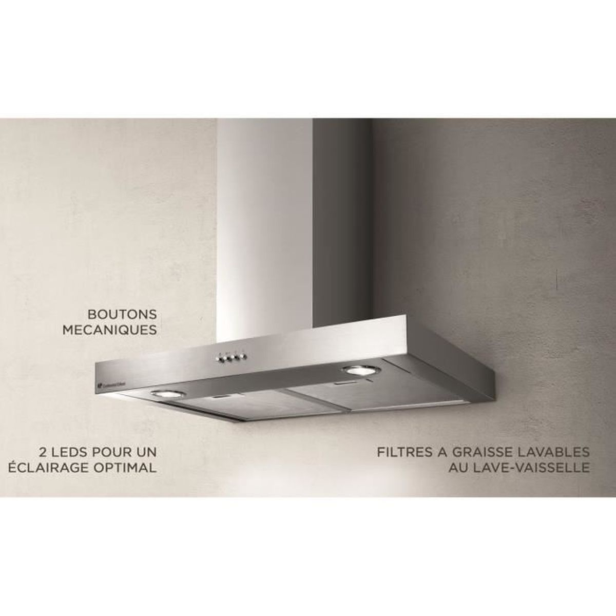 Una campana extractora de acero inoxidable con botones mecánicos, luces LED y filtros de grasa aptos para lavavajillas. Está montada en una pared.