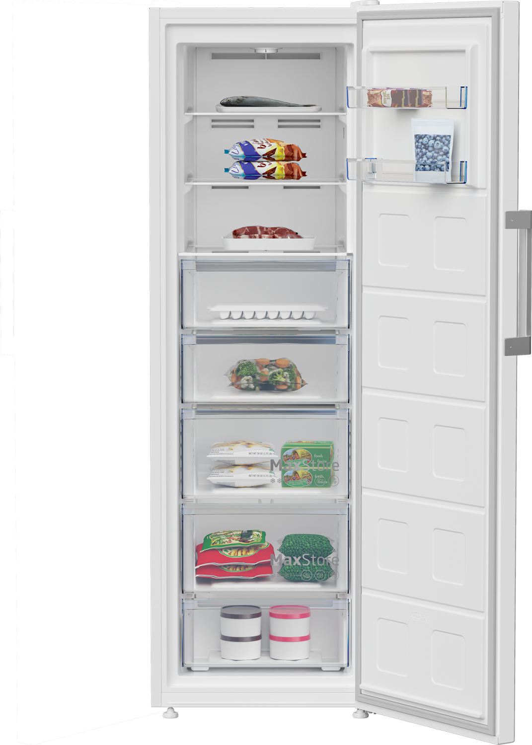 A white freezer with the door open, filled with frozen food items like fish, meat, vegetables, and ice cream.