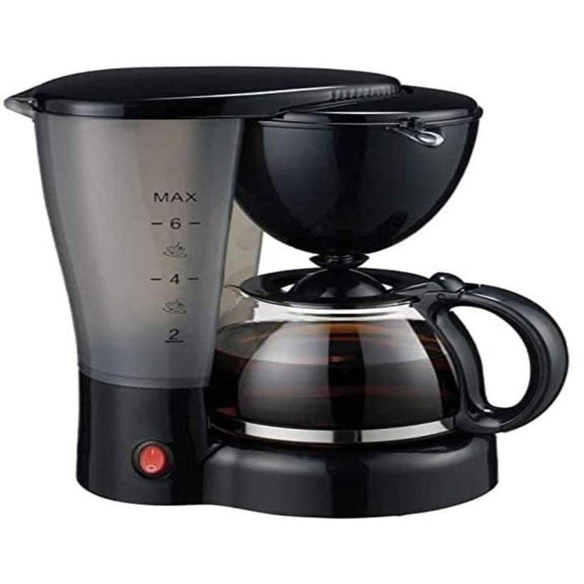 Una cafetera negra y plateada. Tiene una jarra de vidrio llena de café. El depósito de agua tiene indicadores de nivel.