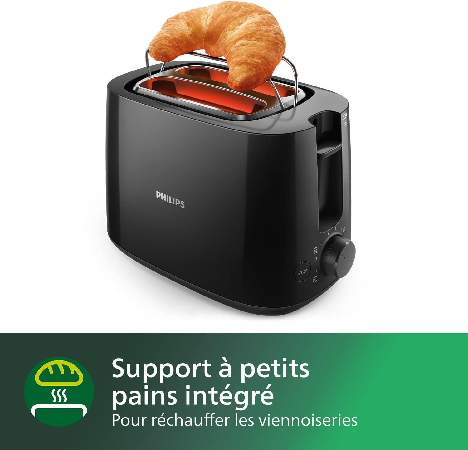 Czarny toster Philips z rogalikiem na wierzchu. Ma pokrętło i przycisk. Tekst na dole brzmi: 'Support à petits pains intégré'.