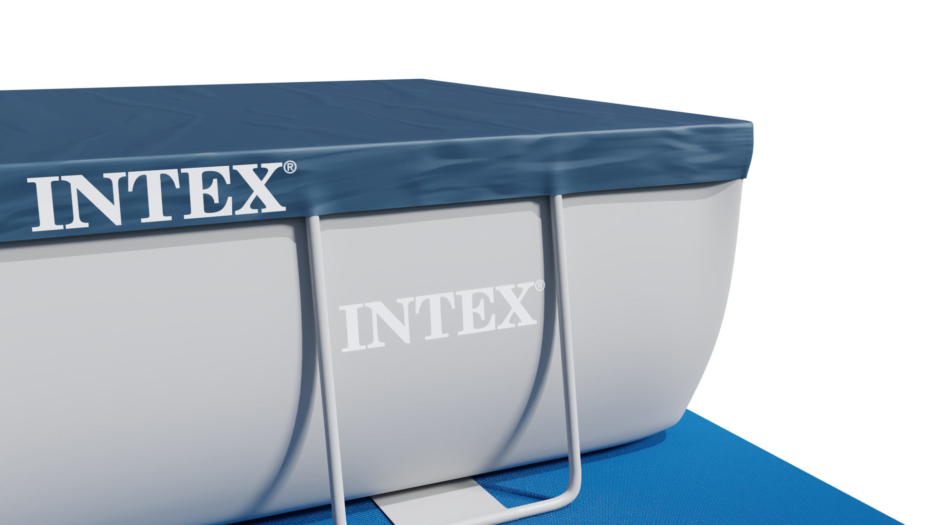 Basen Intex z niebieską pokrywą. Widoczne logo Intex. Basen stoi na niebieskiej powierzchni, z czarnym tłem.