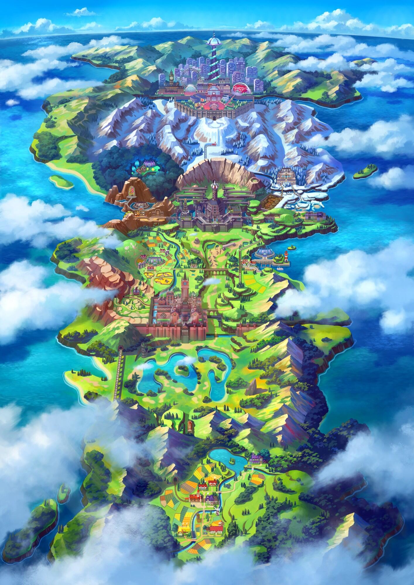 Una mappa stilizzata e colorata di una terra con montagne, città, campi verdi e acqua. Un'illustrazione vivace in stile fantasy.