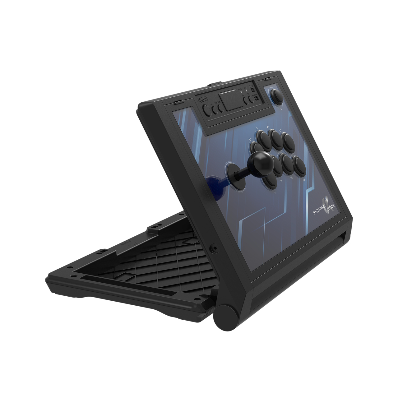 Czarny i niebieski kontroler Fighting Stick jest otwarty, pokazując przyciski i joystick. Tło jest białe.