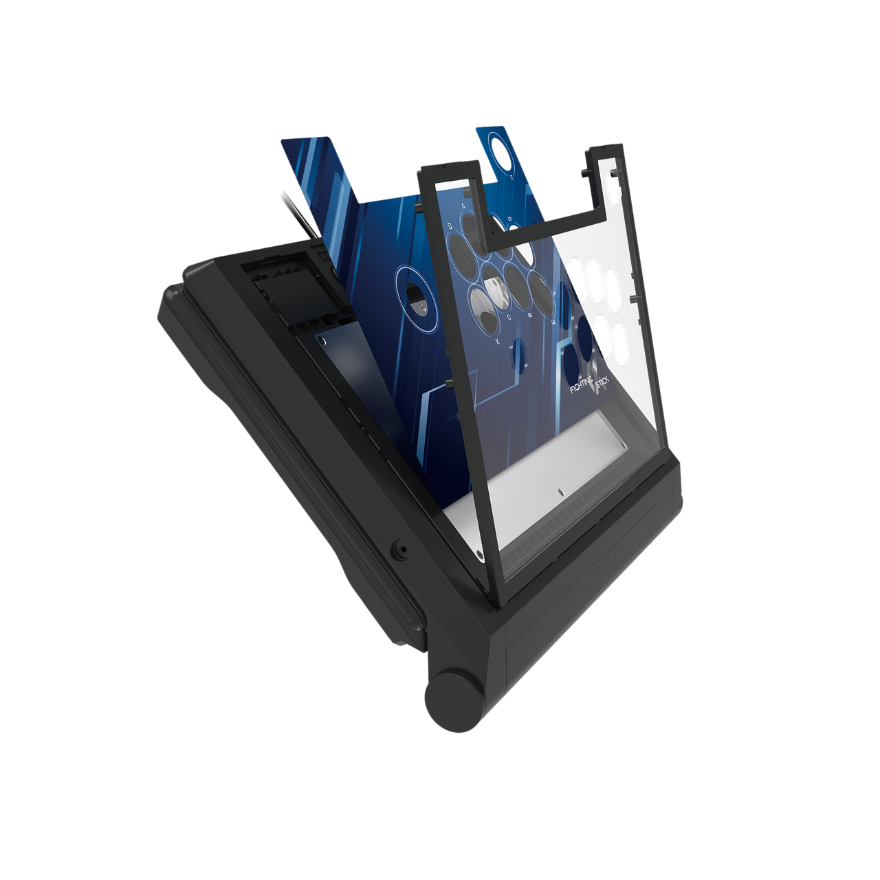 Czarny kontroler arcade 'Fighting Stick' z niebieskim wzorem, przezroczystą osłoną i czarną ramką na białym tle.