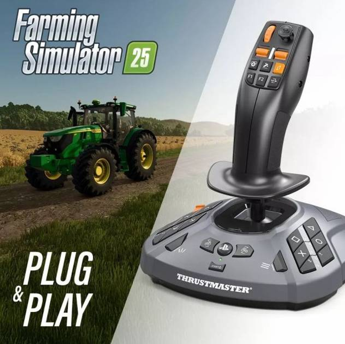 Een advertentie. Links een tractor en het Farming Simulator 25 logo. Rechts een gamecontroller.