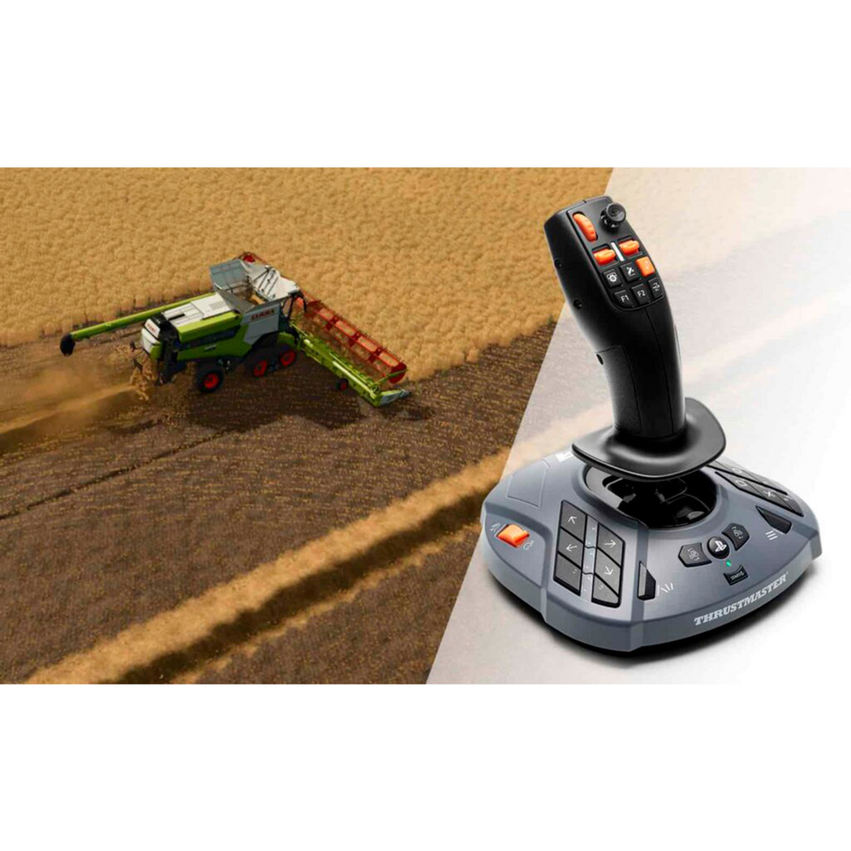Een combine in een tarweveld wordt getoond naast een Thrustmaster joystick. De combine is groen, wit en rood.