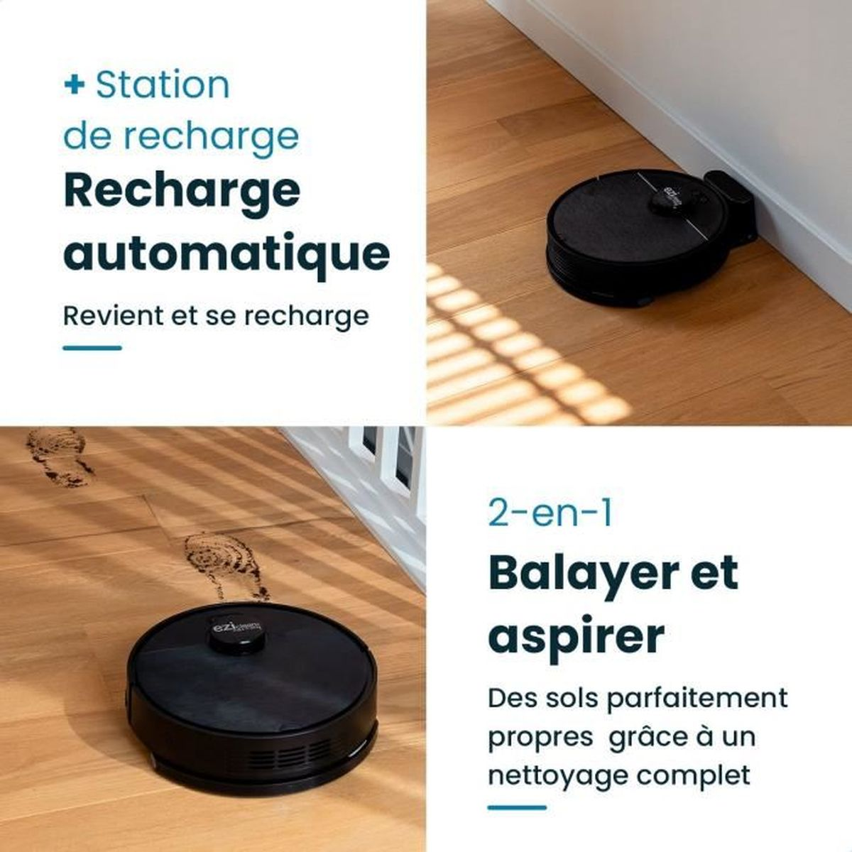 Czarny odkurzacz automatyczny na drewnianej podłodze. Tekst wskazuje na automatyczne ładowanie i czyszczenie 2 w 1.