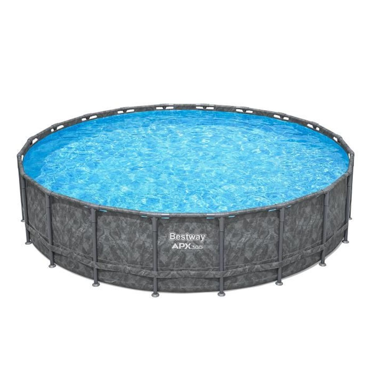 Bestway-Pool mit blauem Wasser. Graue, strukturierte Wände und Metallrahmen. Bestway APX365 Logo.