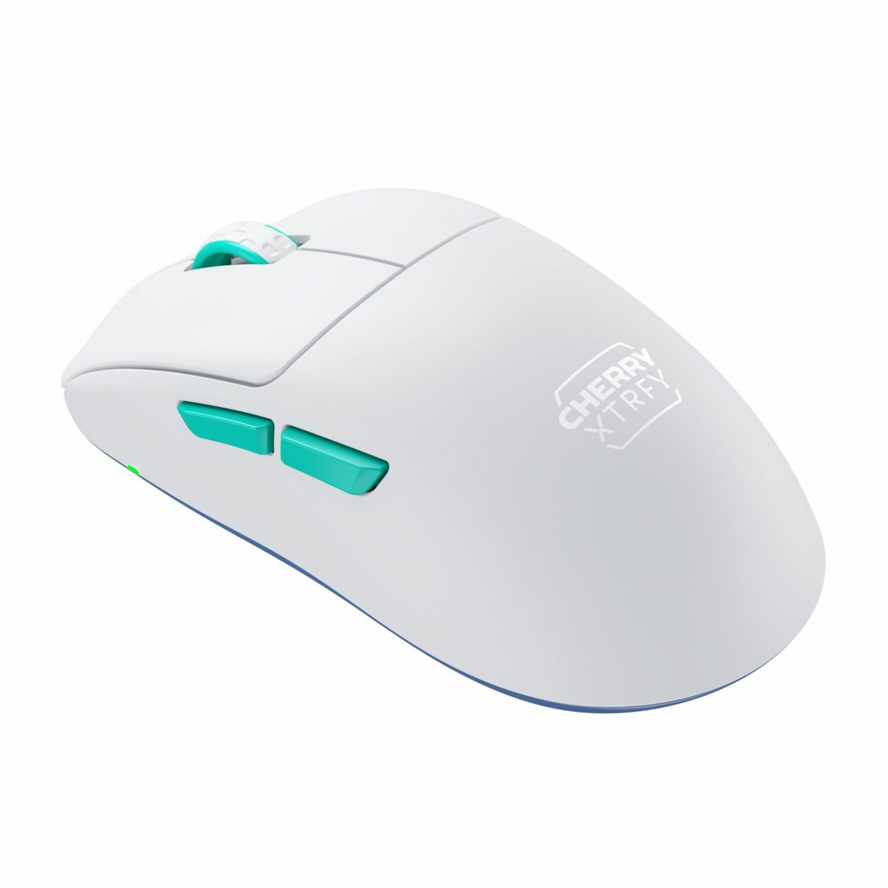 Een witte gamingmuis met turquoise accenten. Voorzien van een scrollwiel en zijknoppen. Het merk CHERRY XTRFY is zichtbaar.