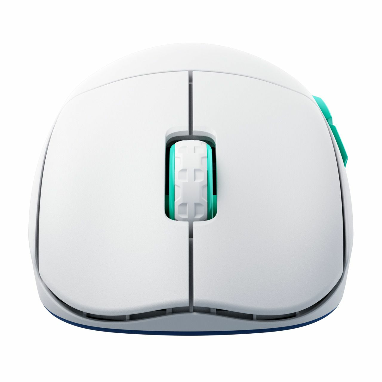 Witte draadloze muis. Hij heeft een scrollwiel en zijknoppen in turquoise. Het ontwerp is ergonomisch en modern.