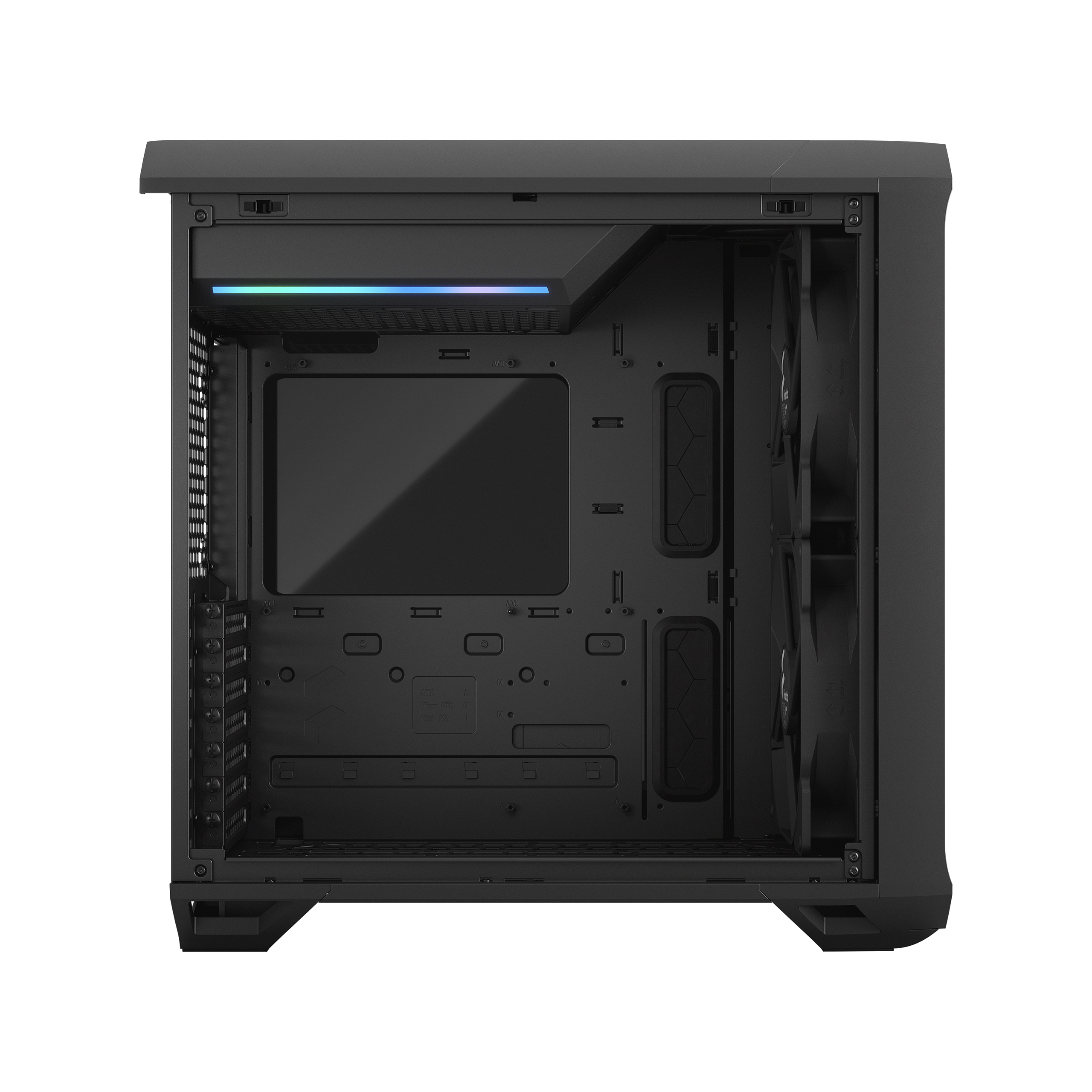 Case nero per computer, aperto, che mostra i componenti interni. Include ventole, punti di montaggio e sezione per la scheda madre.