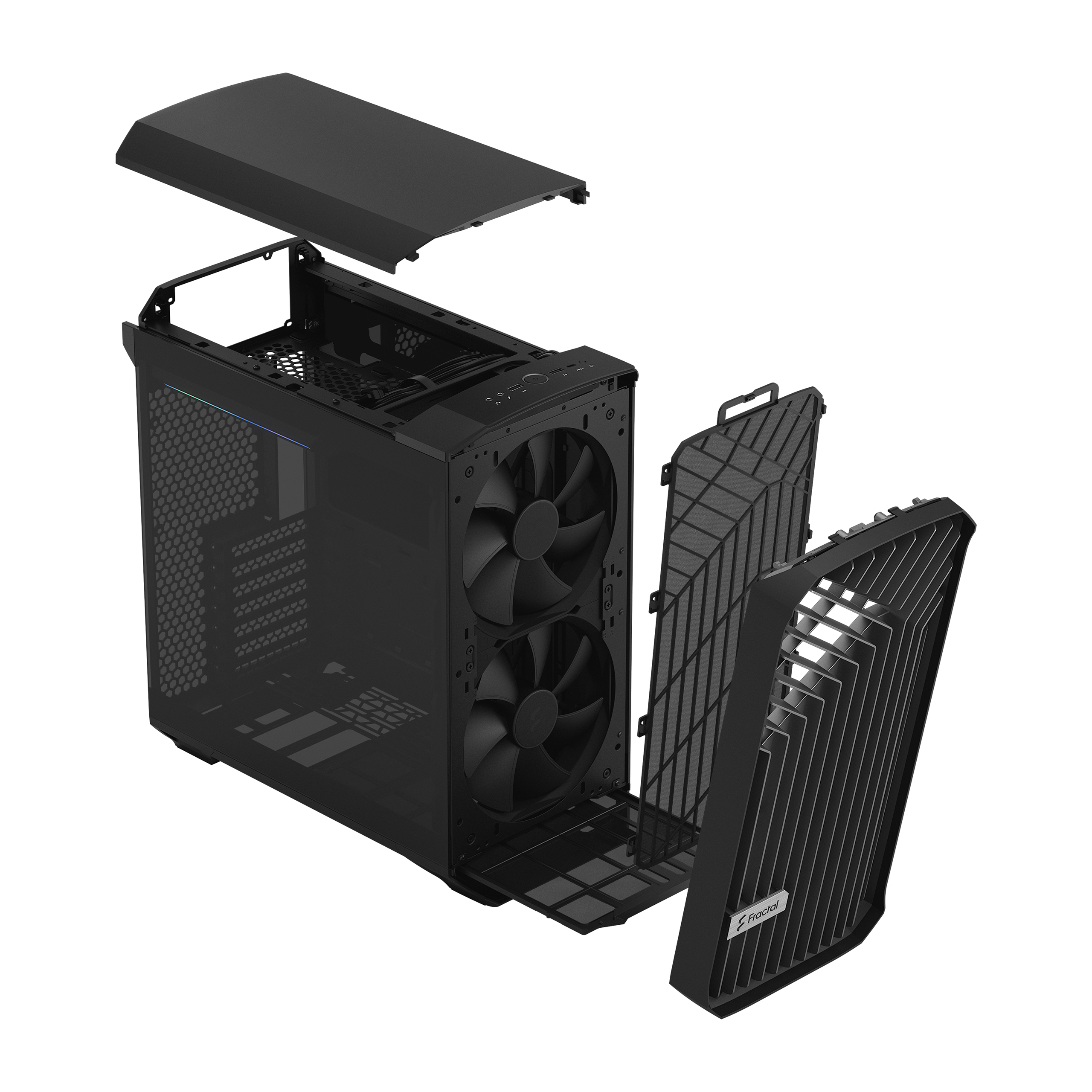 Case per computer nero, smontato. Pannello superiore, laterale e coperchio ventola anteriore separati.