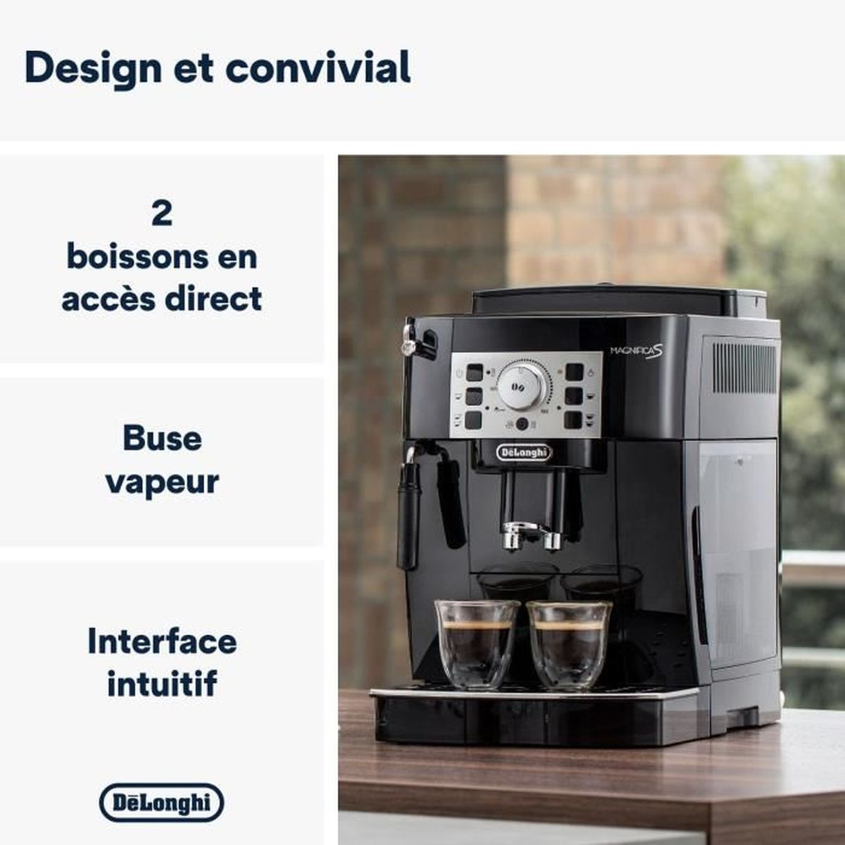 Máquina de espresso negra De'Longhi Magnifica con dos vasos de café sobre una superficie de madera. Texto en francés.
