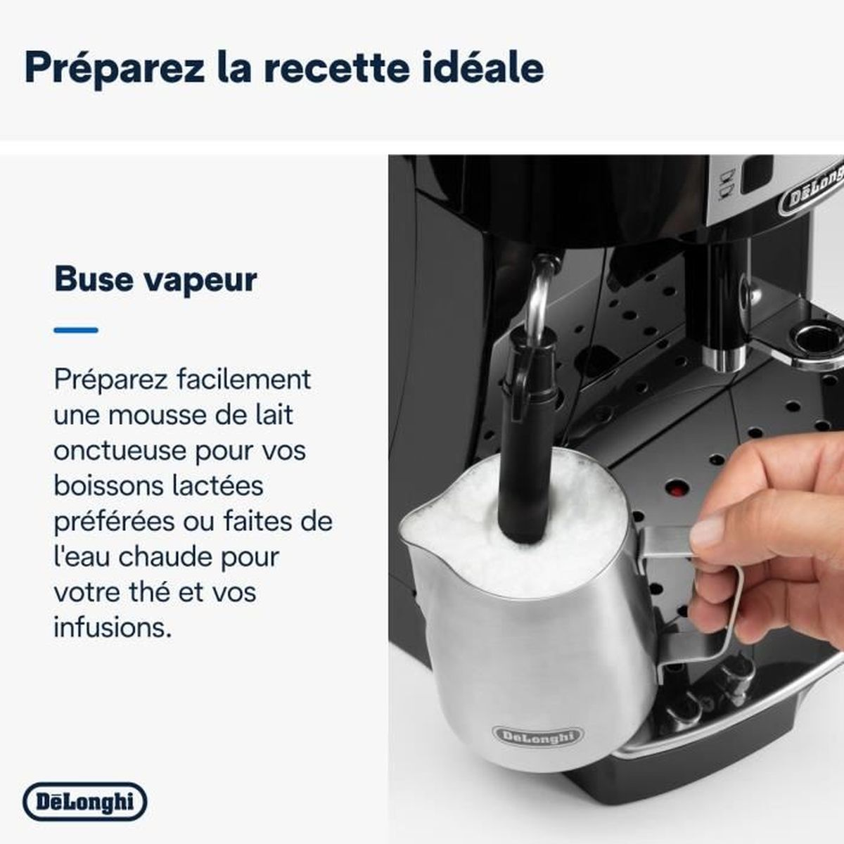 Una persona sostiene una jarra de metal con espuma de leche debajo de la varilla de vapor de una máquina de espresso. La máquina es negra, con el logo Delonghi.