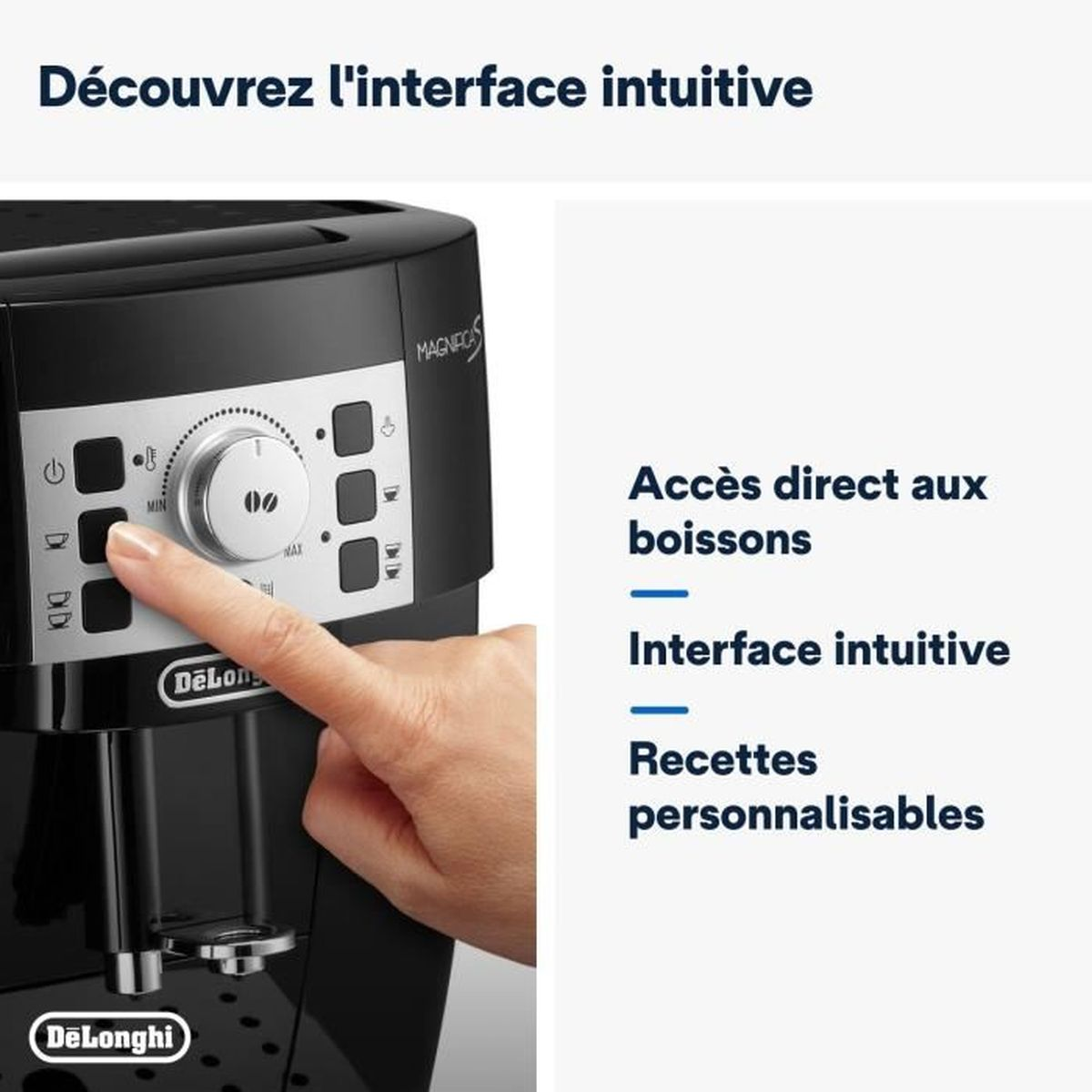 Una mano presiona un botón en una cafetera DeLonghi negra. El texto destaca la interfaz intuitiva y las opciones de bebidas.
