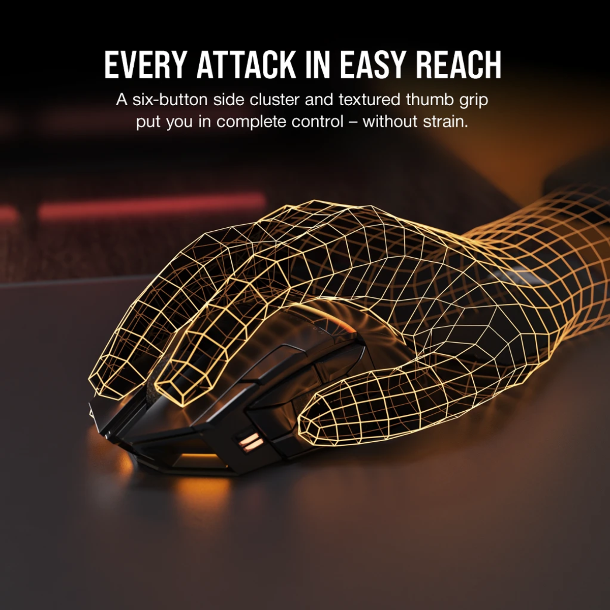 Mysz komputerowa jest pokryta grafiką dłoni z drutu. Tekst brzmi: 'Każdy atak w zasięgu ręki'.