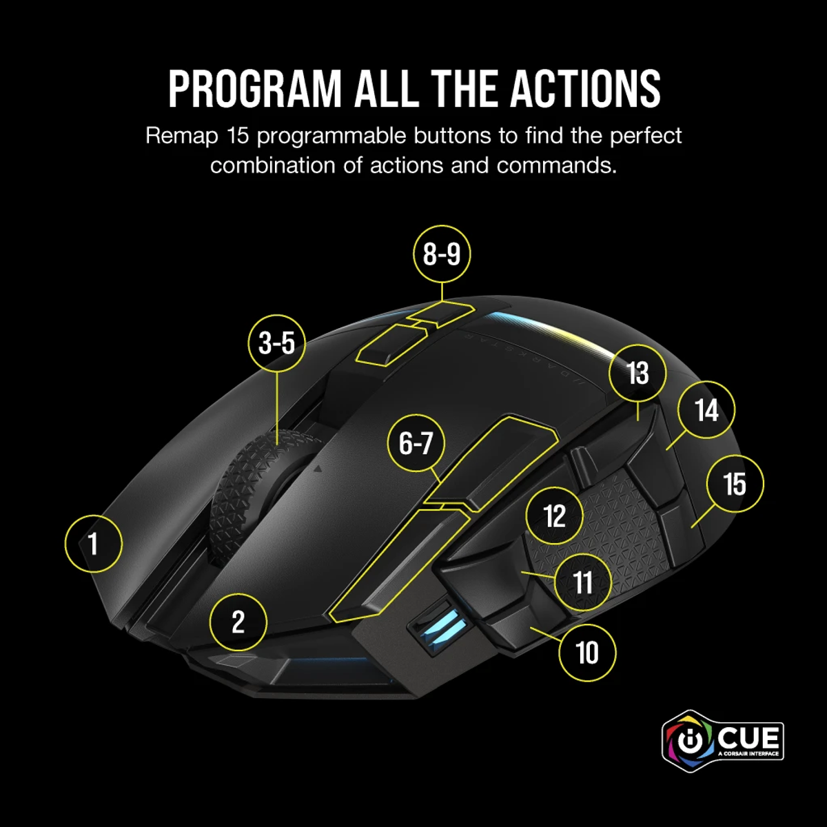 Czarna mysz do gier z ponumerowanymi przyciskami. Tekst: 'Zaprogramuj wszystkie akcje'. Zawiera logo Corsair Interface.